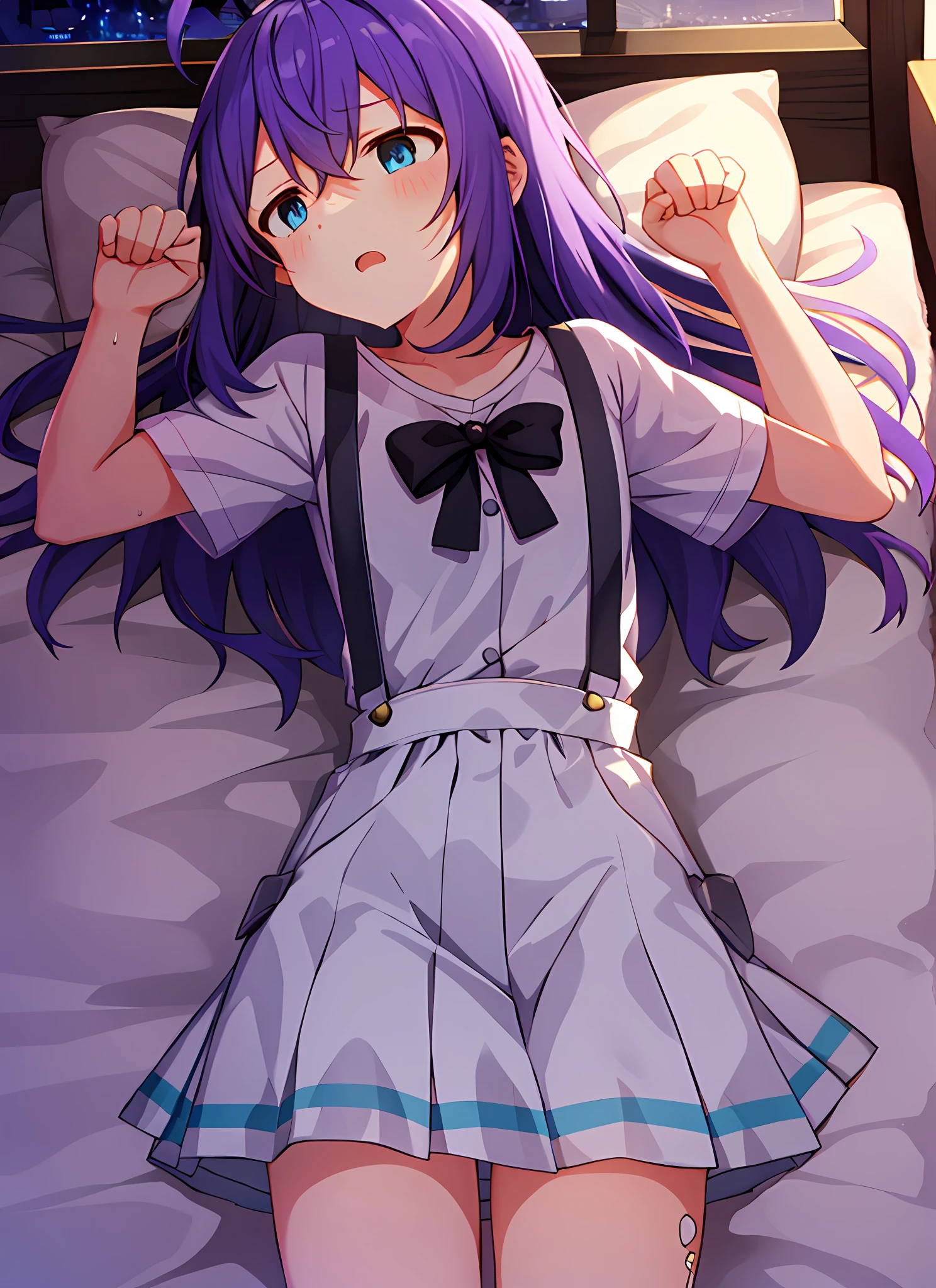 mochizuki anna,1girl in,Solo,Long hair,Purple hair,Small_Ahoge,Blue Eyes.Short stature.white t-shirts.suspenders.Skirt.Night view.lie on one’s side.Despair face.Clench your fists.Sweat.Opening Mouth.a bed.PILLOWS.