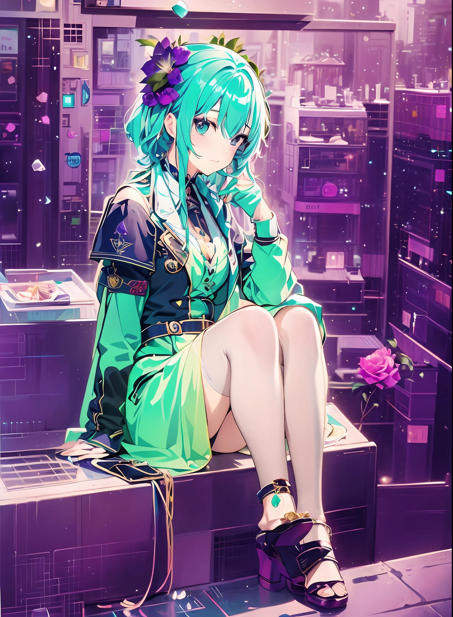 Konmutsuki_gacha_series1, punk_rosette, cute girl, aqua color flowers, full body, elegant flowers background