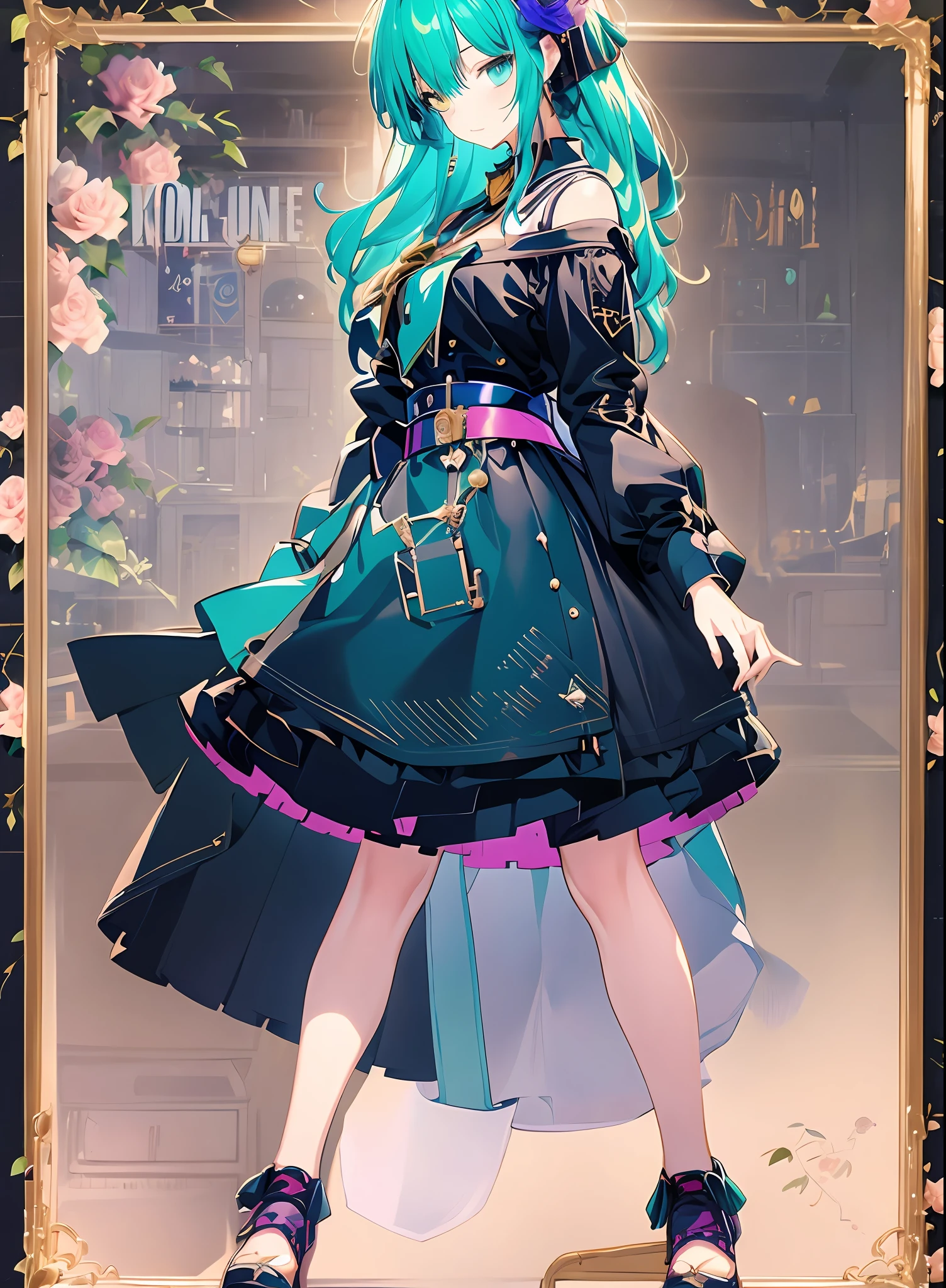 Konmutsuki_gacha_series1, punk_rosette, cute girl, aqua color flowers, full body, elegant flowers background