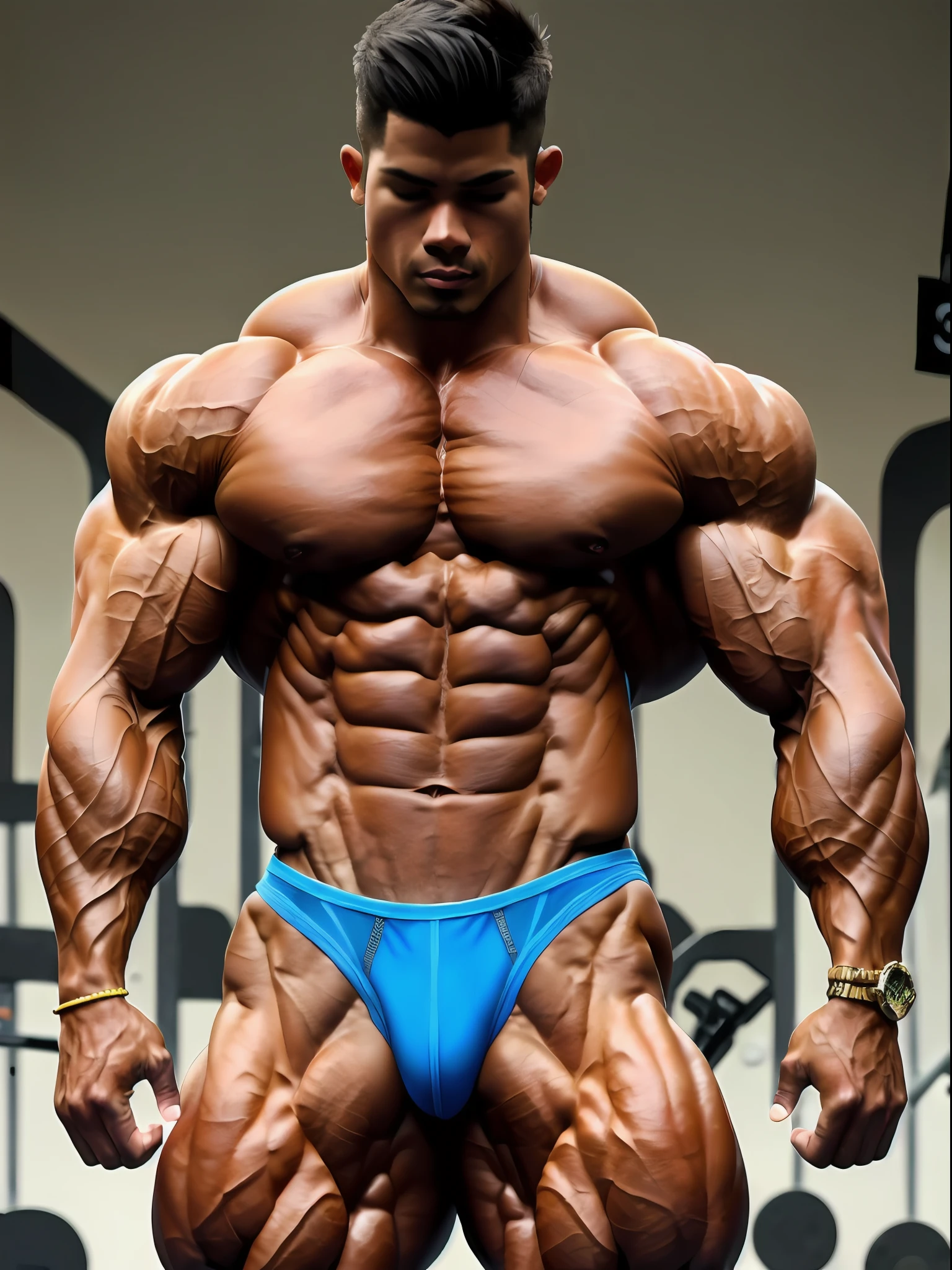 18 year old, super buff and cool, boy bodybuilder, steroid physique, confidently showcases his physique (bodybuilding-inspired attire:1.8) with charm and style he soaks up the sun, upper body, (body-sculpted by gods:1.3), (very tan:0.8+bronzed skin), digital art inspired by Randy Vargas, zbrush central contest winner, flawless anatomy, (simple one color seamless posing thong with no waistband), (real light reflections, perfect contrast of highlight and shadow to display his physique
