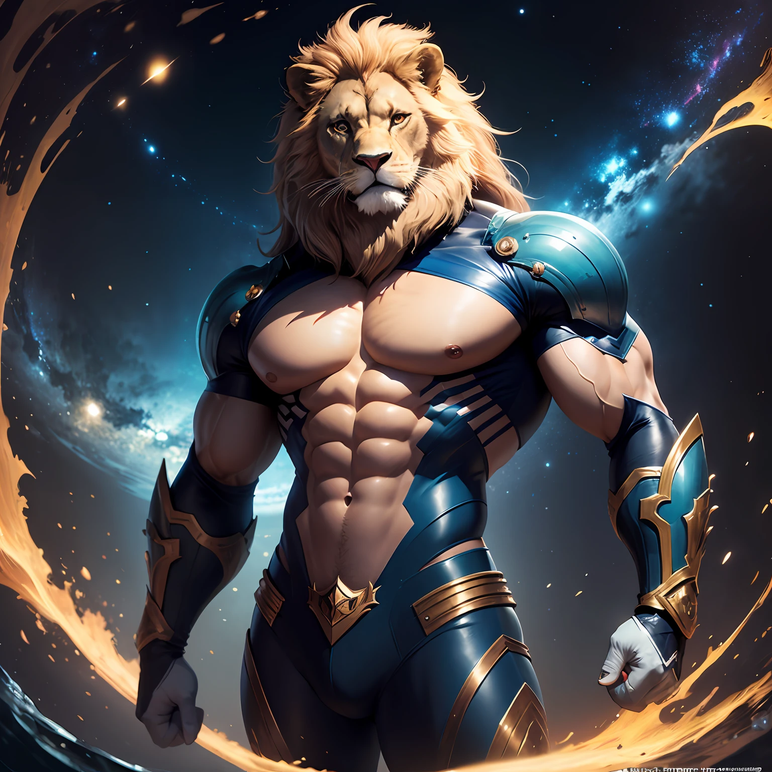 CREATE a lion-like man, de terno azul, Colado, transparente, malha fina, gravata, fundo celestial, galaxy, corpo trincado, guerreiro --auto
