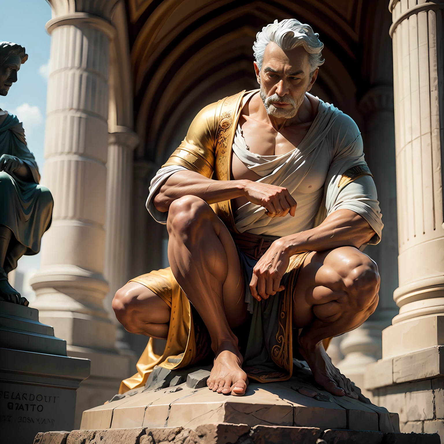 Create an extremely realistic image of a statue of a Roman philosopher man. The statue should depict an elderly individual, de barba longa e grisalha, wearing a classic Roman toga. Facial expression should convey wisdom and introspection. Detalhes cuidadosos devem ser adicionados, como rugas ao redor dos olhos e da boca, suggesting a life of experience and reflection. The notch of the statue should be of high quality, com texturas realistas e um envelhecido, look desgastado pelo tempo. O fundo pode ser neutro, highlighting only the central figure of the statue. Make sure the lighting is adequate to highlight the details and add depth to the sculpture.