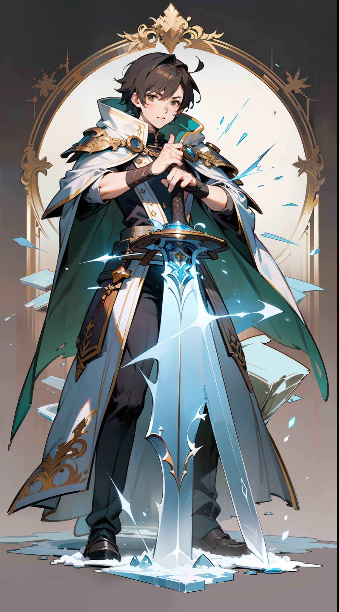 (1boy), rpg game character artwork, Akihiko yoshida + krenz cushart, final fantasy, brown short messy hair, wearing a fantasy regal attire, cape, sword master, facing the camera, with Icy sword in his hand, cyro sword master, pile of ice around him, snow, aggresive sword fighting style, snow mountain, intricate character, design with ornate details, fantasy-realism, expressive face and body language, Delicate linework and shading techniques, elegance sophistication character portrayal --ar 16:9 --style expressive