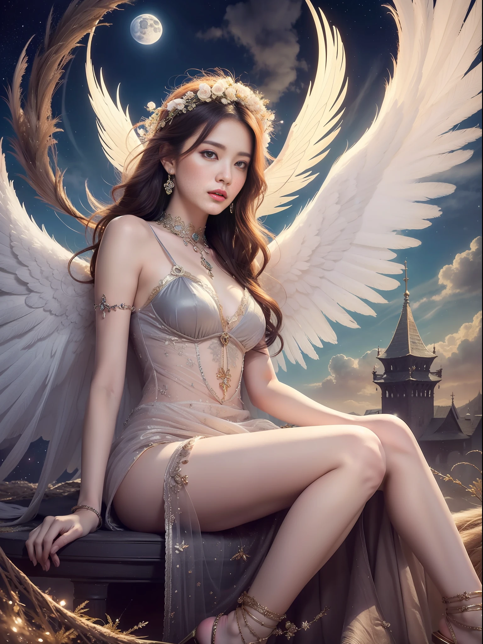 ((best quality, masterpiece)), seductive angel, heavenly beauty sitting on a cloud, (fantasy illustration: 1.3), enchanting gaze, captivating posture, angel wings, supernatural charm, mystical sky, moonlit night, soft colors, (detailed cloud landscape: 1.3), (high resolution: 1.2)