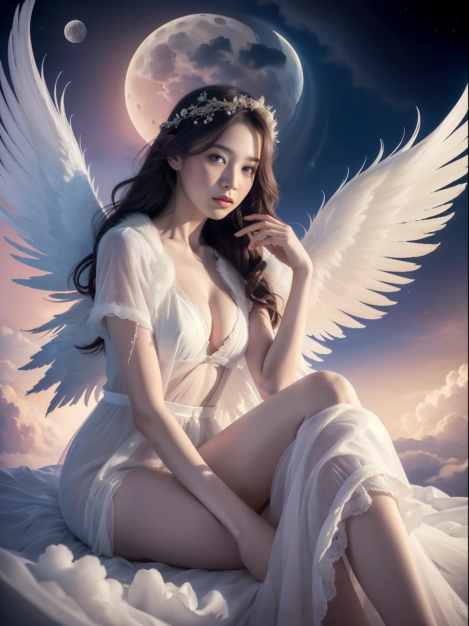 ((best quality, masterpiece)), seductive angel, heavenly beauty sitting on a cloud, (fantasy illustration: 1.3), enchanting gaze, captivating posture, angel wings, supernatural charm, mystical sky, moonlit night, soft colors, (detailed cloud landscape: 1.3), (high resolution: 1.2)