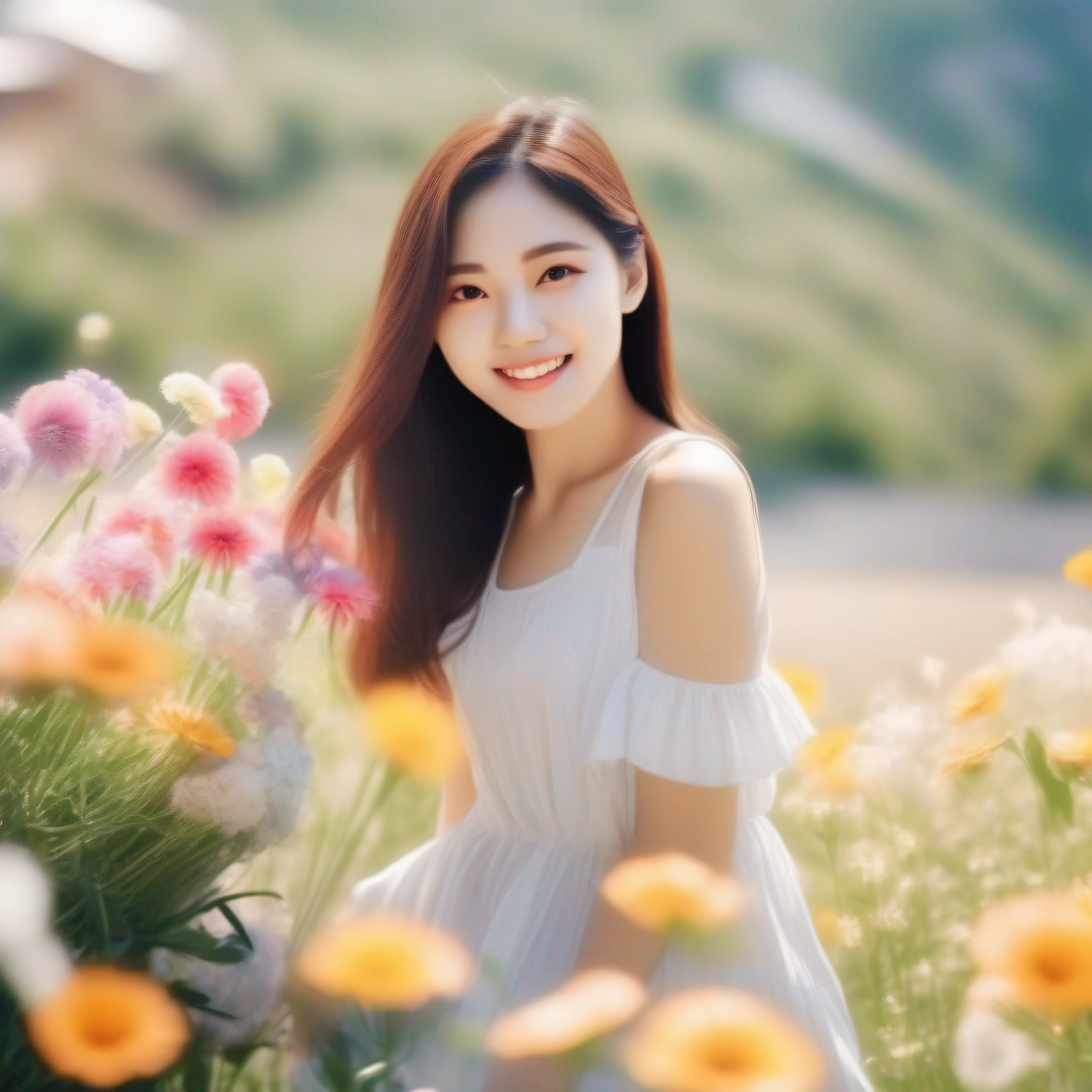 A photo of a summer flower and a girl，The background is a perfect summer landscape，flowers blooming，and the sun is shining，A gentle breeze。The girl is dressed in a light summer dress，Holding a beautiful bouquet of flowers，Smiling and turning to look into the camera。The photo uses a specific shooting mode、Color and lens skills，To show the beauty of summer flowers and girls。 —c 10 —ar 2:3 --auto