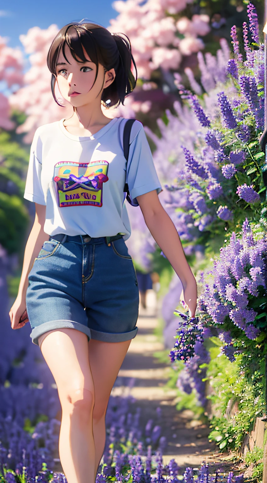 walking through a lavender field、1girl in, Light blue T-shirt、、Shinkai Makotokaze、Best Quority、巨作、Very Details、ultra hyper-detailed、