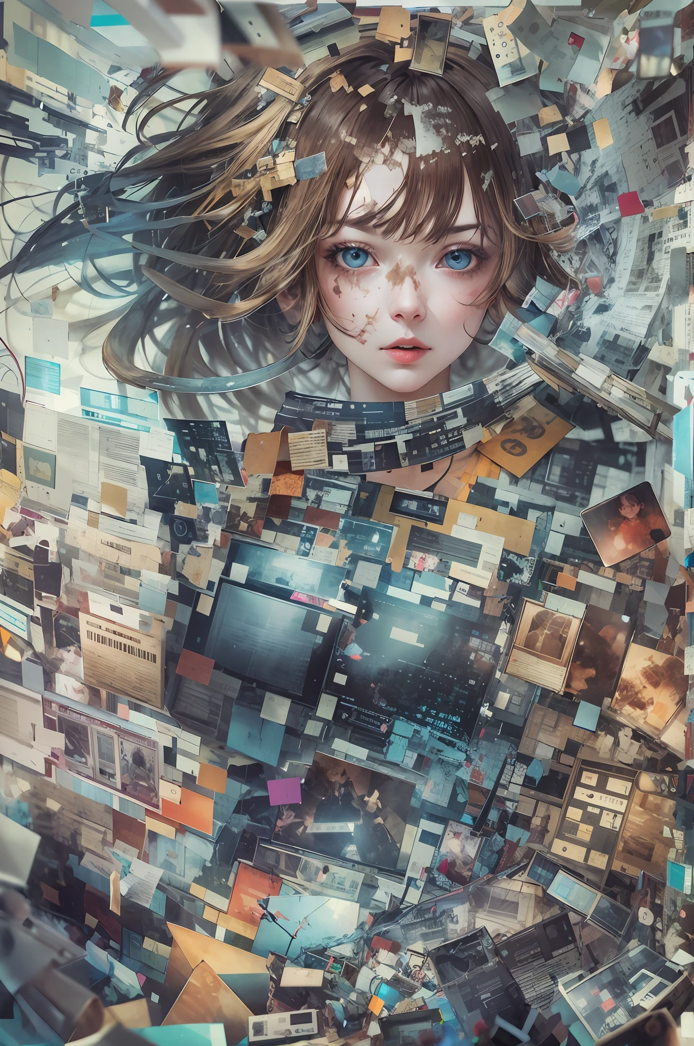 A brown haired girl in a broken digital world, artifacts, fading, glitchcore