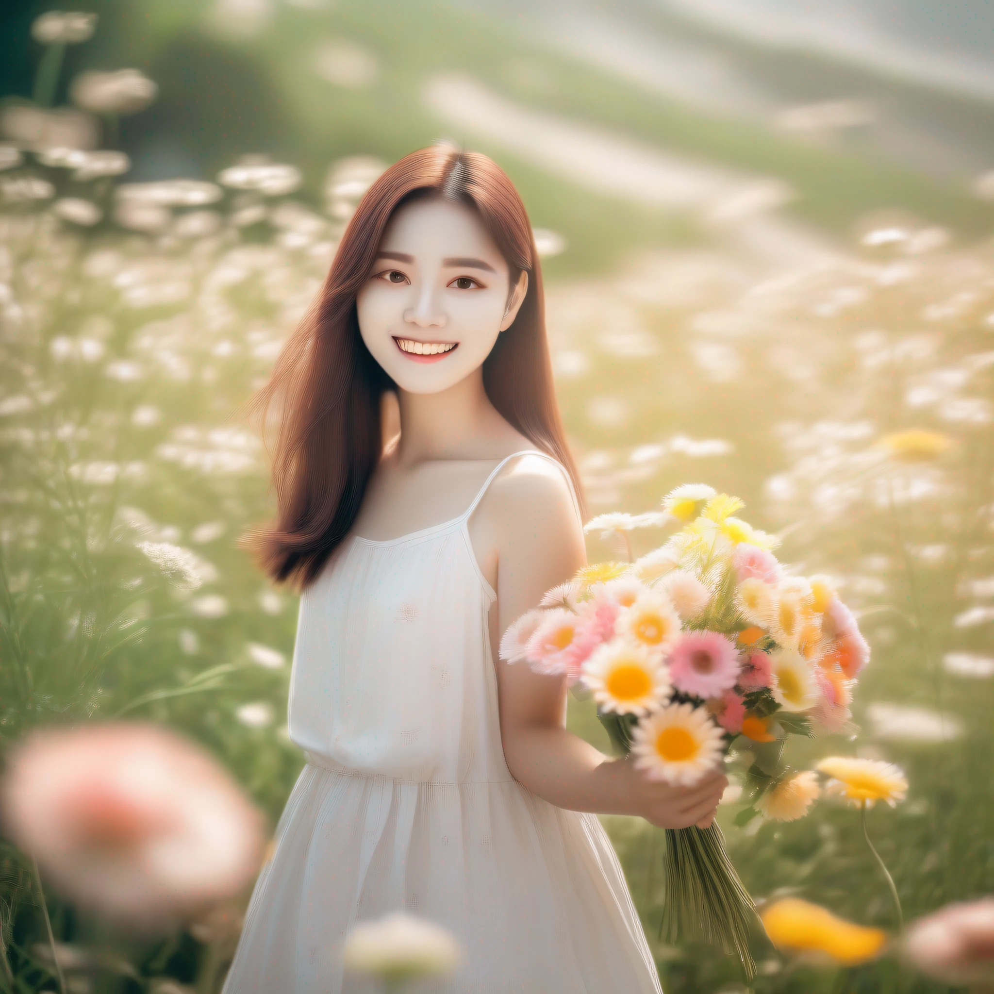 A photo of a summer flower and a girl,The background is a perfect summer landscape,flowers blooming,and the sun is shining,A gentle breeze。The girl is dressed in a light summer dress,Holding a beautiful bouquet of flowers,Smiling and turning to look into the camera。The photo uses a specific shooting mode、Color and lens skills,To show the beauty of summer flowers and girls。 —c 10 —ar 2:3 --auto