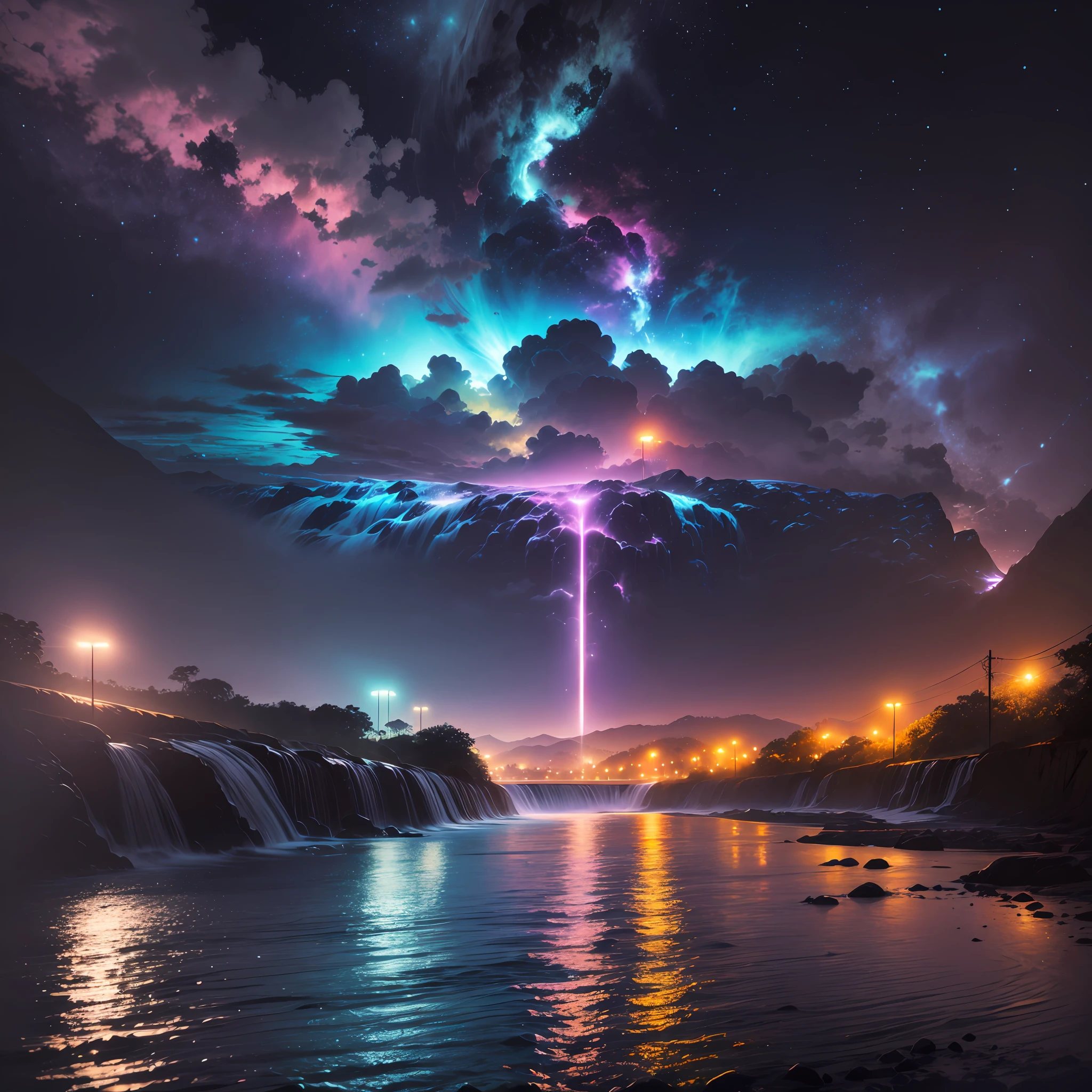 chuva forte na cachoeira luminescente, neon, cosmico, mistic, vendaval, nuvens pesadas, Full HD, 4K, ultra realista, hyper detalhado --auto --s2