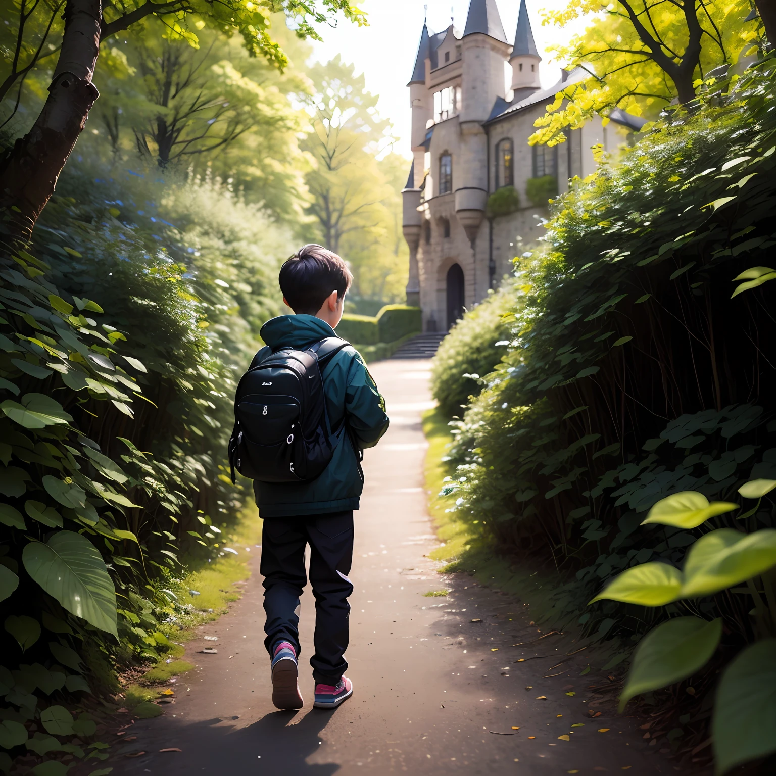 8 year old boy、The World of Picture Books、Long black pants、Full body style, including black backpack ≪≫、Oil painting close to the photo、Head to the castle in the ≪ forest、The castle is covered with flowers≫、最好质量、CG like a photo、Picture book drama、шедевр、Very delicate images、extremely details CG ≪ heading to a glittering castle in the forest≫ Depicting the whole body。It looks like a photo、(8k wall paper、极其详细的CG unity 8k壁纸、、ultra hyper-detailed、ultra-high-resolution、A high resolution、Very Details、Perfect litthing、Natural Color Boys、Perfect CG ≫ green jacket for ≪、Black backpack、《Beautiful around the castle》in woods、exploration、≪ eyes are trimmed and adorable≫、最好质量、((8 year old boy))、 --auto