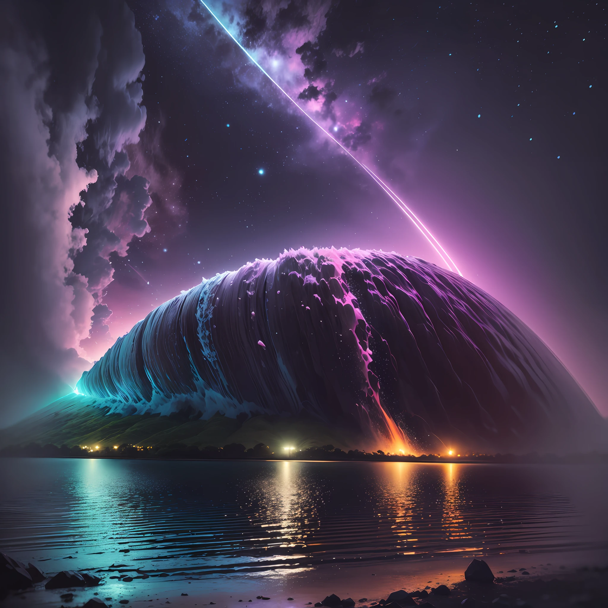 chuva forte na cachoeira luminescente, neon, cosmico, mistic, vendaval, nuvens pesadas, Full HD, 4K, ultra realista, hyper detalhado --auto --s2