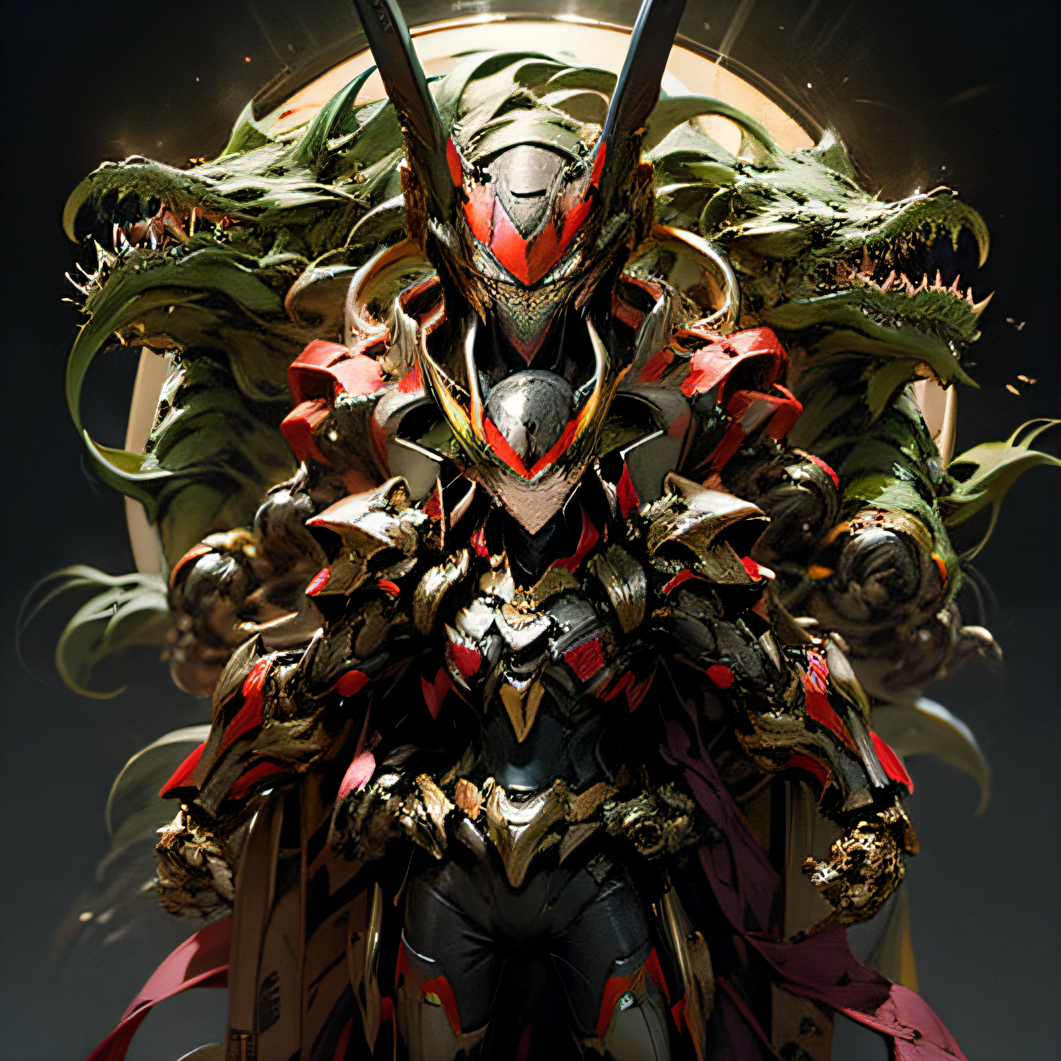 un robot rojo y amarillo de figura masculina con una capa de fuego, Estilo Guyver, Armadura de demonio rojo, Dios griego en estilo mecha, EVA Unidad 0 1, Mech rojo de cuerpo completo, Escarabajo reploide, armadura de dragon rojo, High school DXD, Inspirado en Evangelion Third Impact, Eva Unit-00 en la parte trasera, vegetal dragon cyborg, gemas verdes