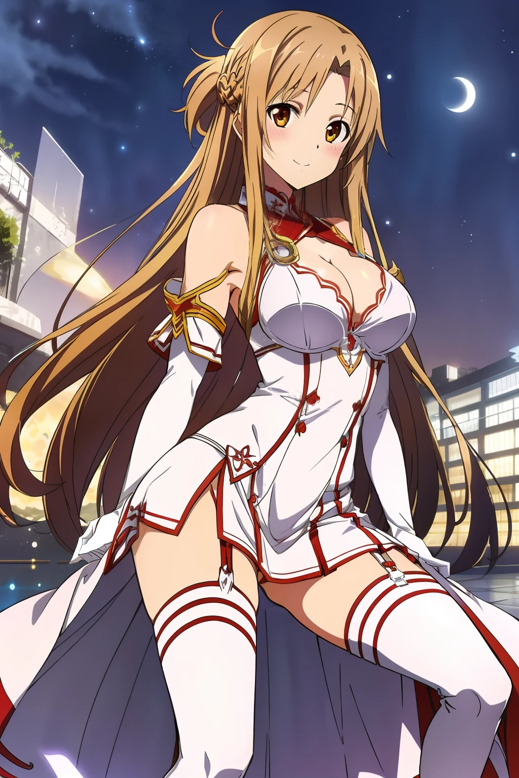 Yuuki Asuna, anime style beautiful woman, best quality, perfectanatomy, ultra detailed, 1girl, solo, large breasts, curvy body, good hands, good legs, good knees, night sky, stars, long hair, breasts, looking at viewer, happy, bangs, brown hair, thighhighs, gloves, dress, cleavage, bare shoulders, brown eyes, very long hair, crossing legs, white gloves, white dress, armor, white thighhighs, garter straps, white armor,