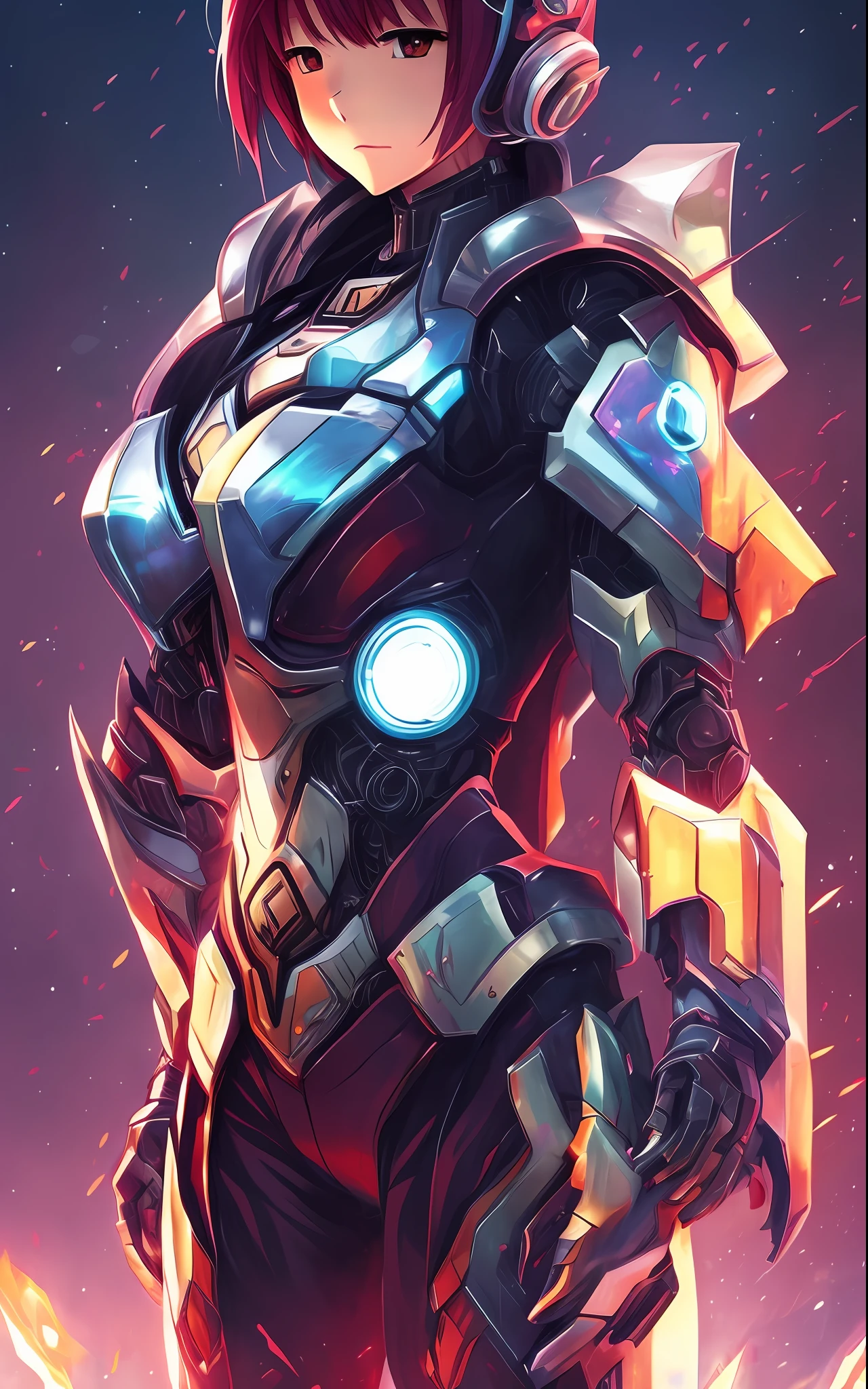 Anime girl in shorts and jacket standing next to giant robot、More massive breasts、Guweiz style artwork、Girl mecha in cyberpunk anime、CGstation Trends、guweiz、By Russell Dongjun Lu、digital cyberpunk anime art、ros tran 8 k、Guweiz on ArtStation illustration - pixiv 、Girl in Mecha Cyber Armor --auto