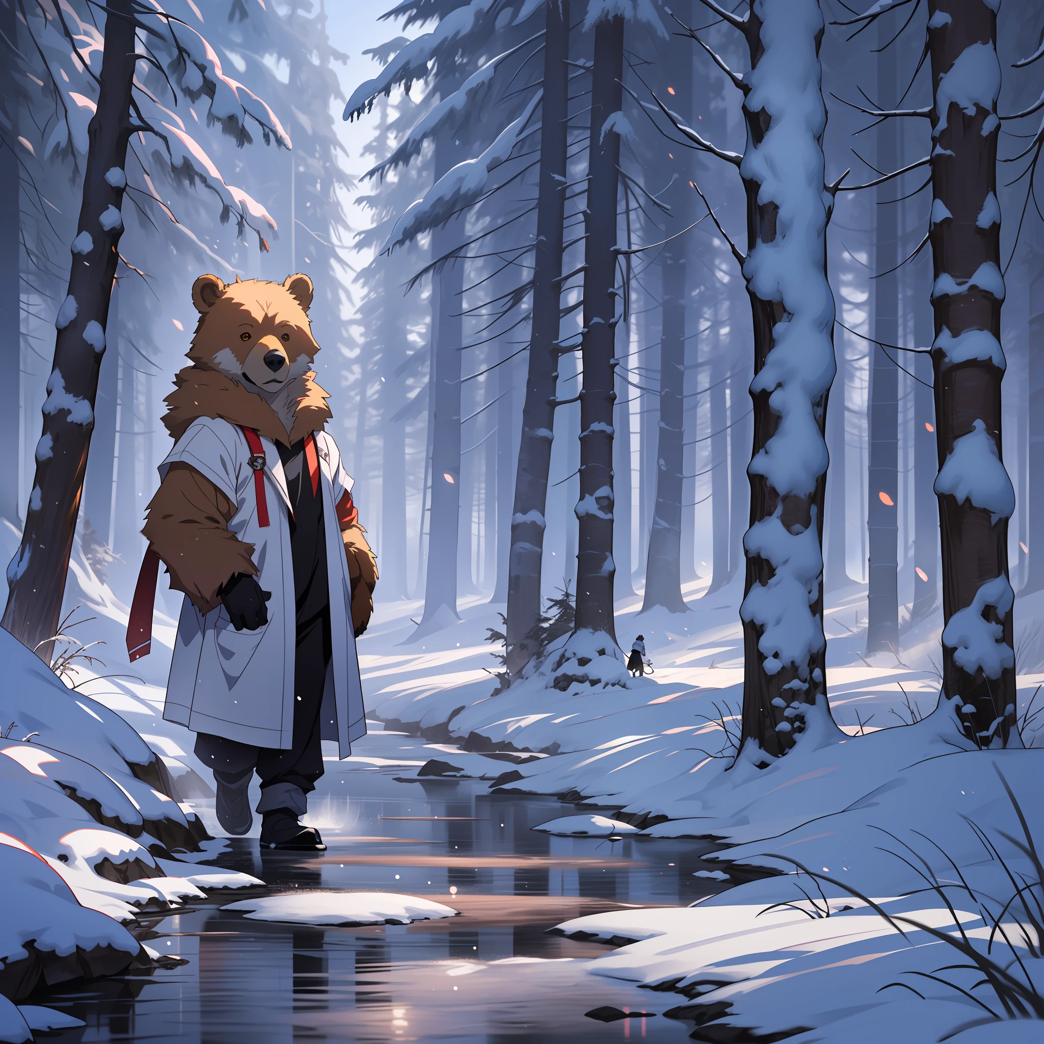 Um urso branco, fofo, antro, usando uma roupa de frio vermelha, em uma linda floresta nevada, estilo anime, High resolution 4K, formato png