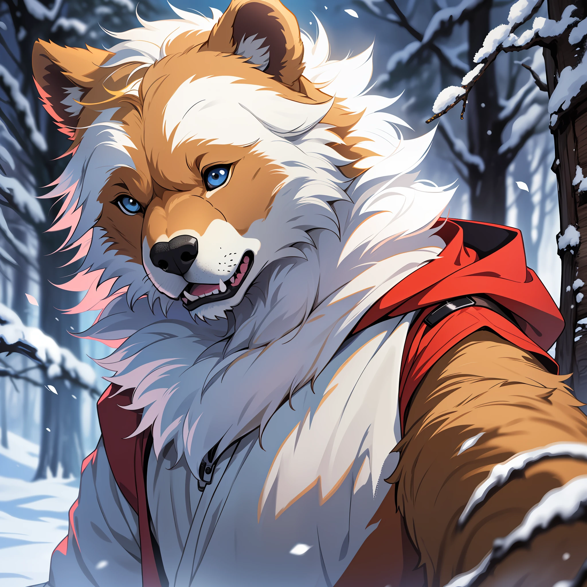 Um urso branco, fofo, antro, usando uma roupa de frio vermelha, em uma linda floresta nevada, estilo anime, High resolution 4K, formato png
