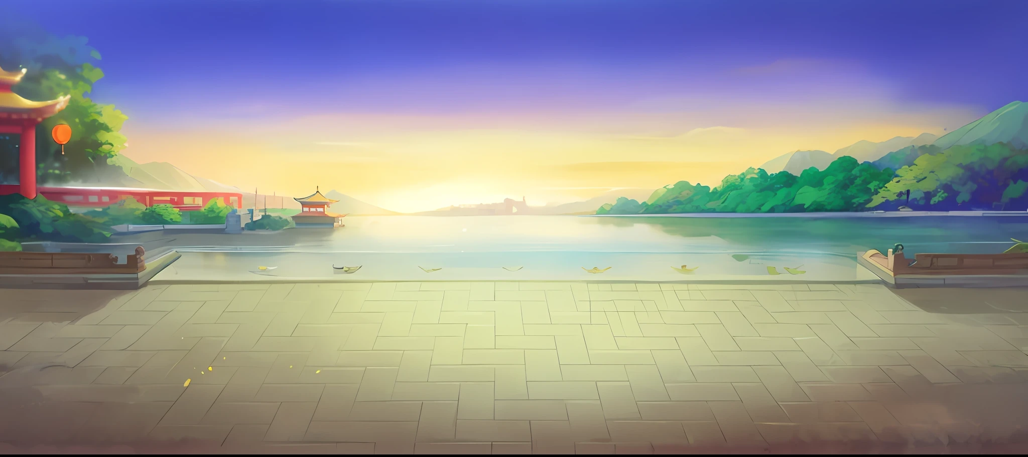 there is a cartoon picture of a beautiful scenery with a lake, palace background, a temple background, light kingdom backdrop, Mobile game background, royal garden background, Zen temple background, island background, background artwork, game background, Lake background, arte de fundo, background depicting a temple, Detailed scenery —width 672, beautiful lake background, ballroom background, Dawn background back, CG, The world of martial arts, Old Chinese building, ponds, The waterfall comes from the top of the mountain, the panorama, raytrace, reflective light, Polar opposition, 8K, masterpaintings, Best Quority, high qulity, high-details, super detailing, high resolucion, ultra high def