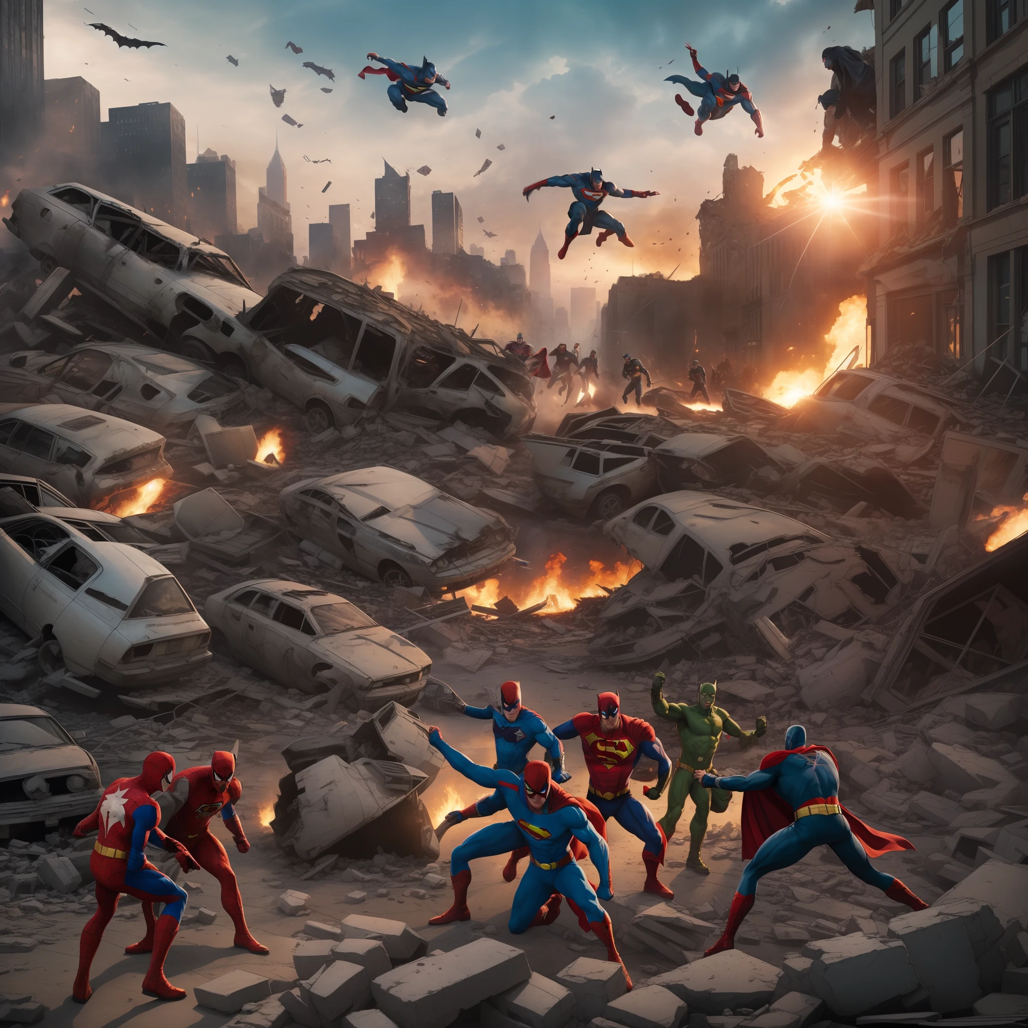 A group of superheroes fighting a villain in a city. Realistic illustration. Superman, Batman, Wonder Woman, Captain America, and Spider-Man fighting Lex Luthor, Darkseid, Joker, Red Skull, or Green Goblin in a city with destroyed buildings and cars