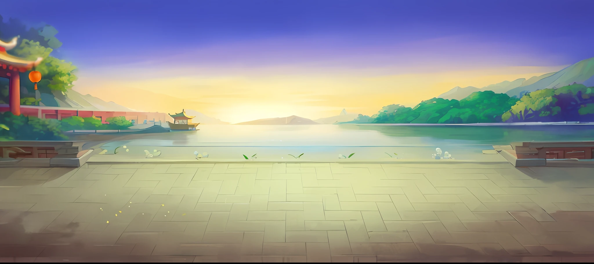 there is a cartoon picture of a beautiful scenery with a lake, palace background, a temple background, light kingdom backdrop, Mobile game background, royal garden background, Zen temple background, island background, background artwork, game background, Lake background, arte de fundo, background depicting a temple, Detailed scenery —width 672, beautiful lake background, ballroom background, Dawn background back, CG, The world of martial arts, Old Chinese building, ponds, The waterfall comes from the top of the mountain, the panorama, raytrace, reflective light, Polar opposition, 8K, masterpaintings, Best Quority, high qulity, high-details, super detailing, high resolucion, ultra high def