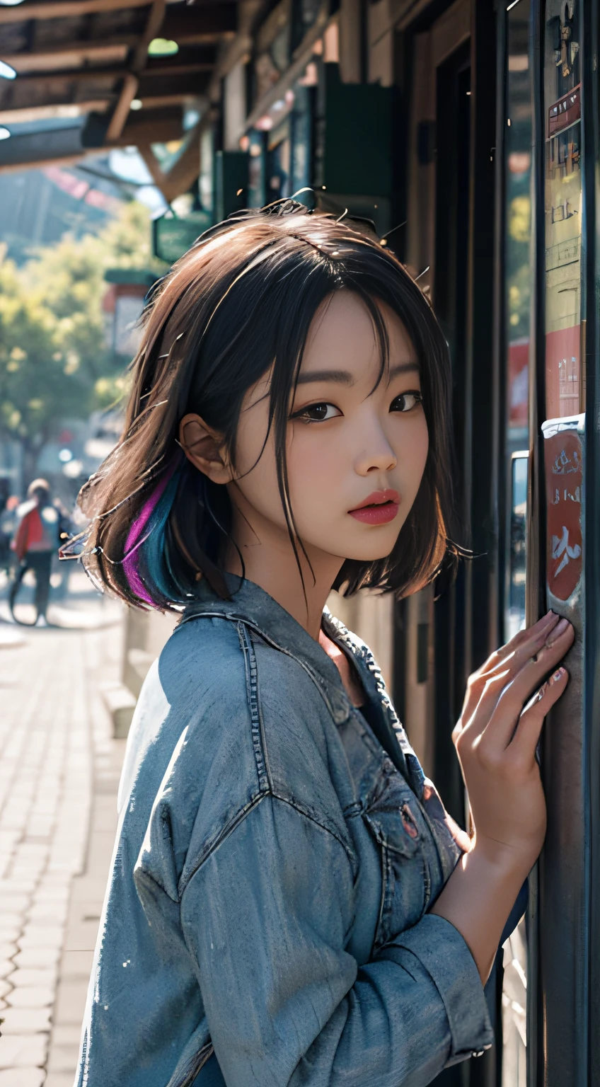 Colored hair，Side face，The background is the ancient city of Lijiang