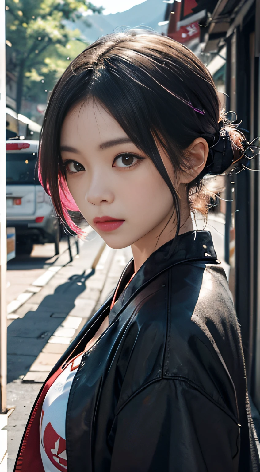 Colored hair，Side face，The background is the ancient city of Lijiang