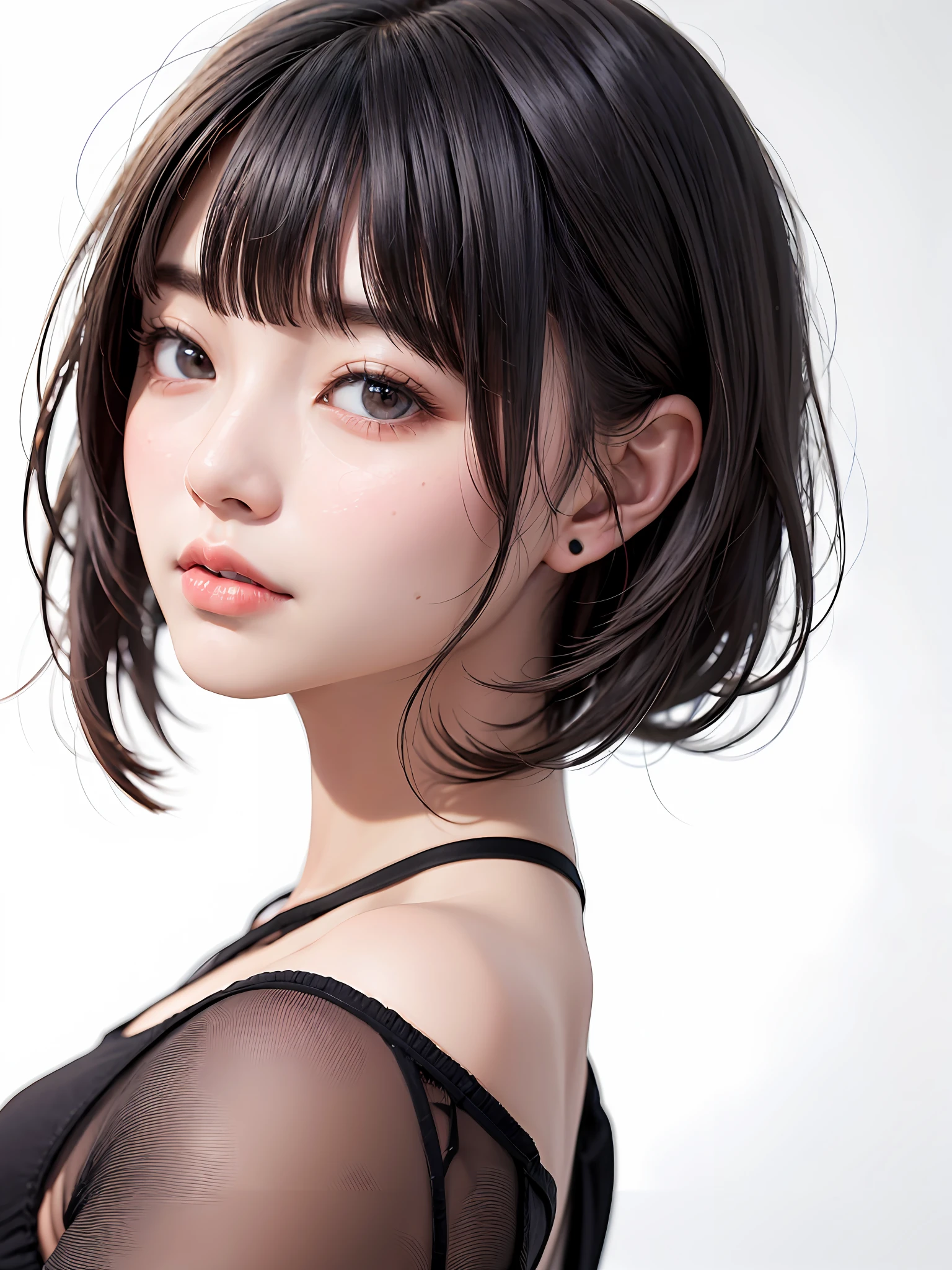 ((巨作、1 beautiful girl、Detailed eye、Shorthair with bangs、neck long、Put your ears out))、big eye、Distinct double eyelids、((最好质量, ultra-high-resolution、gazing at the camera)), (Realisticity: 1.4), OriginalPhotographs, 1girl in,Cinema tick writing、japanes、Asian Beauty、Korea person、Super beauty、Beautiful skin、(((extremely large bosom、A slender、The body is facing forward)))、(ultra realisitic)、(A high resolution)、(8K picture quality)、(Very Details)、(Best Illustration)、(beautifully detailed eyes)、(ultra hyper-detailed)、detailed faces、lookig at viewer、Facing Straight Ahead、neat and clean clothes、sleevless、short-hair、black har、46-point diagonal bangs、Background is really nothing but pure white background、neat atmosphere、