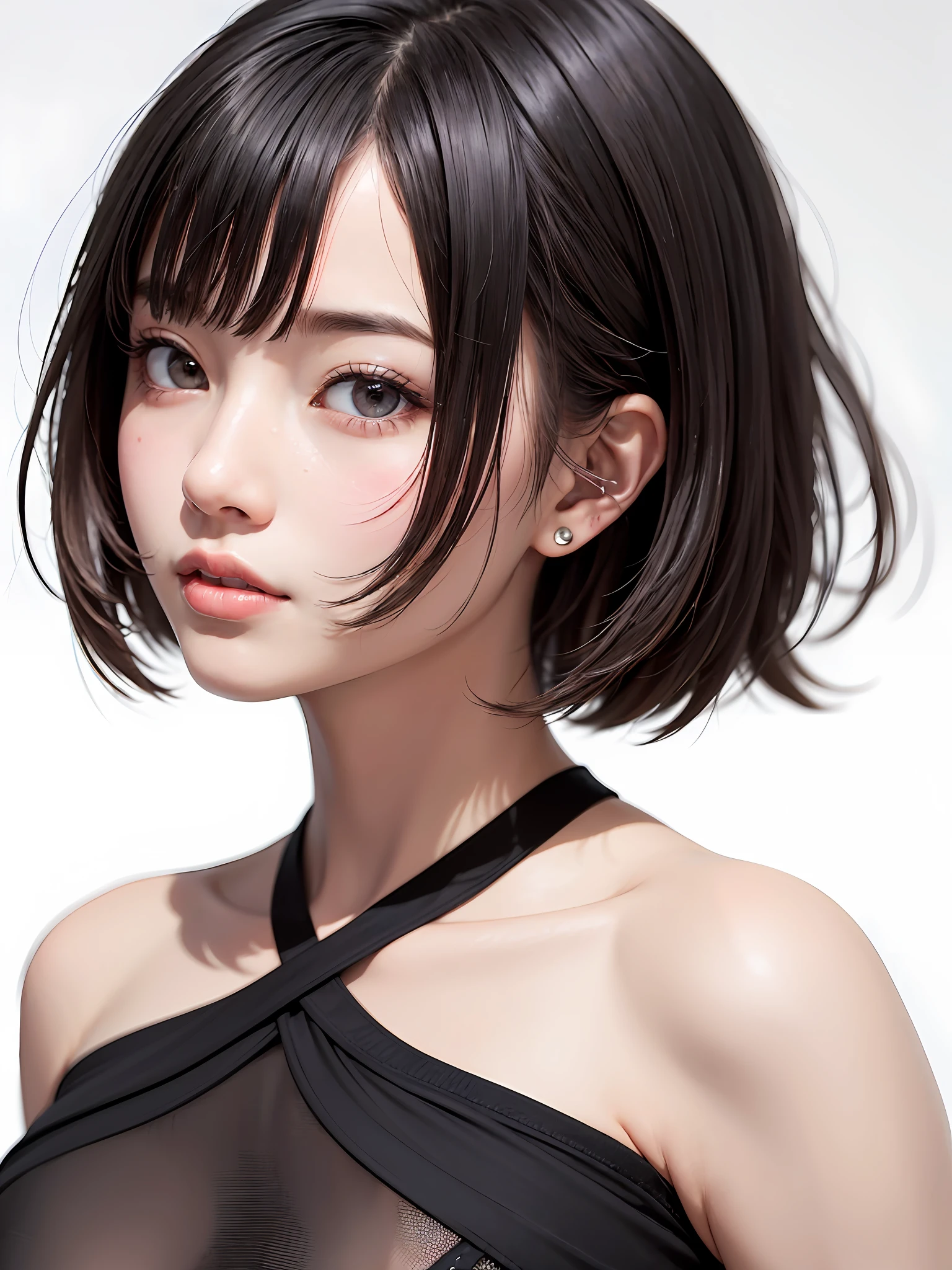 ((巨作、1 beautiful girl、Detailed eye、Shorthair with bangs、neck long、Put your ears out))、big eye、Distinct double eyelids、((最好质量, ultra-high-resolution、gazing at the camera)), (Realisticity: 1.4), OriginalPhotographs, 1girl in,Cinema tick writing、japanes、Asian Beauty、Korea person、Super beauty、Beautiful skin、(((extremely large bosom、A slender、The body is facing forward)))、(ultra realisitic)、(A high resolution)、(8K picture quality)、(Very Details)、(Best Illustration)、(beautifully detailed eyes)、(ultra hyper-detailed)、detailed faces、lookig at viewer、Facing Straight Ahead、neat and clean clothes、sleevless、short-hair、black har、46-point diagonal bangs、Background is really nothing but pure white background、neat atmosphere、