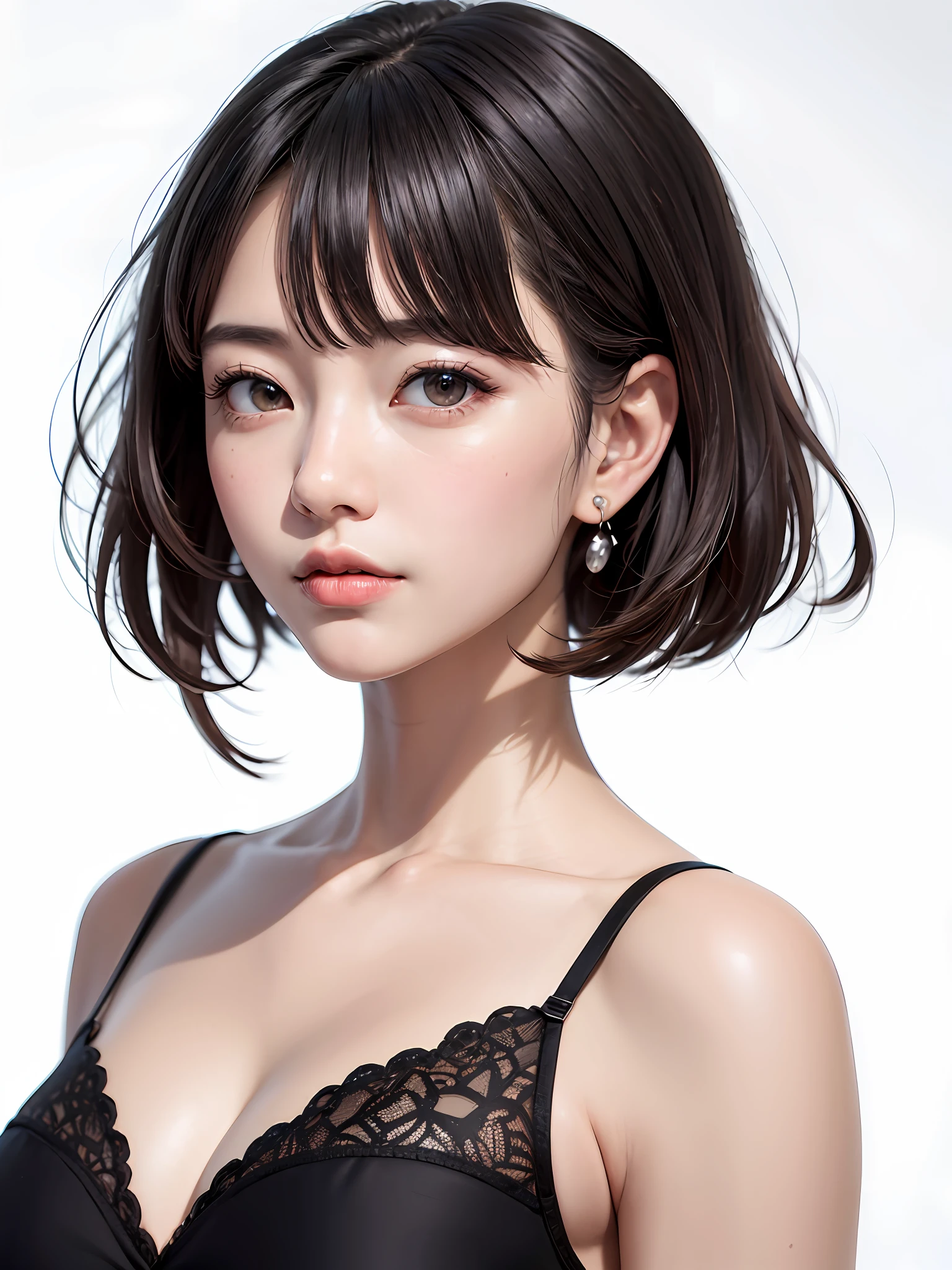 ((巨作、1 beautiful girl、Detailed eye、Shorthair with bangs、neck long、Put your ears out))、big eye、Distinct double eyelids、((最好质量, ultra-high-resolution、gazing at the camera)), (Realisticity: 1.4), OriginalPhotographs, 1girl in,Cinema tick writing、japanes、Asian Beauty、Korea person、Super beauty、Beautiful skin、(((extremely large bosom、A slender、The body is facing forward)))、(ultra realisitic)、(A high resolution)、(8K picture quality)、(Very Details)、(Best Illustration)、(beautifully detailed eyes)、(ultra hyper-detailed)、detailed faces、lookig at viewer、Facing Straight Ahead、neat and clean clothes、sleevless、short-hair、black har、46-point diagonal bangs、Background is really nothing but pure white background、neat atmosphere、