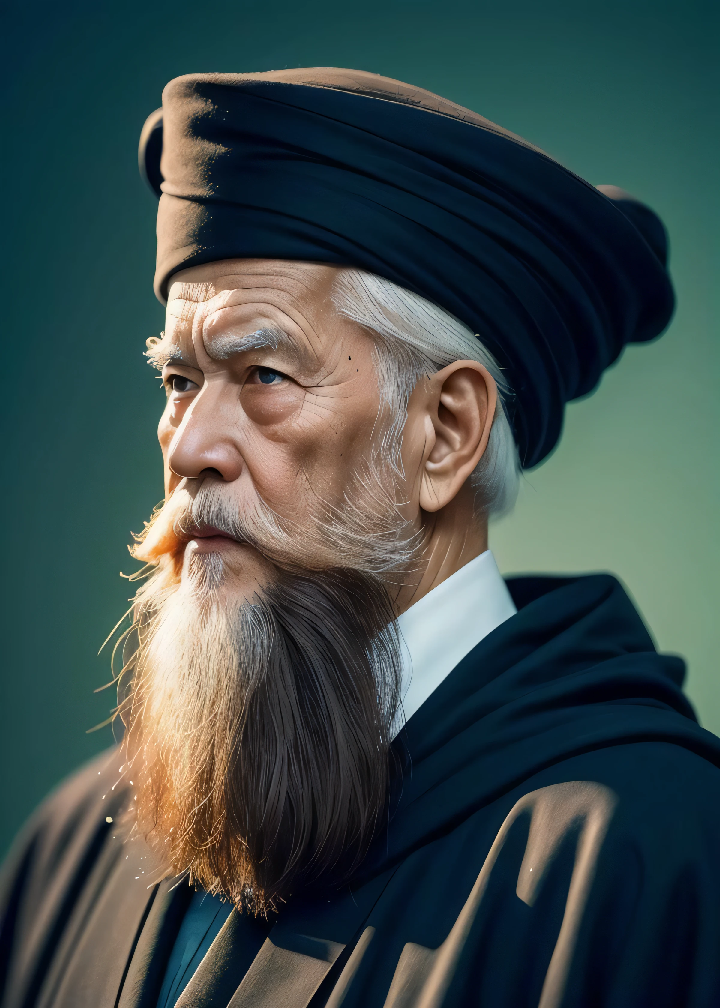 fusionart elderly man, long white beard, black robe, intricate designs,fantansy
