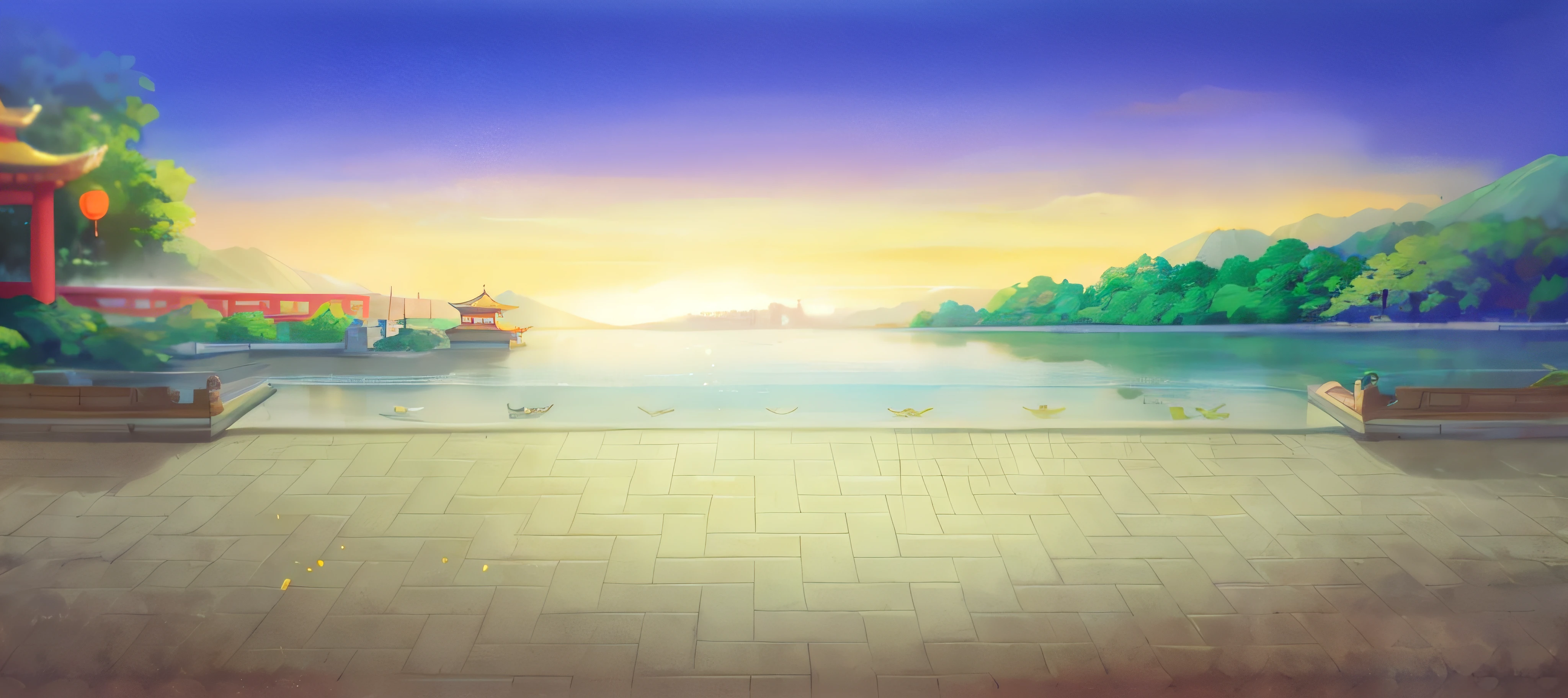 there is a cartoon picture of a beautiful scenery with a lake, palace background, a temple background, light kingdom backdrop, Mobile game background, royal garden background, Zen temple background, island background, background artwork, game background, Lake background, arte de fundo, background depicting a temple, Detailed scenery —width 672, beautiful lake background, ballroom background, Dawn background back， CG， The world of martial arts， Old Chinese building， ponds， The waterfall comes from the top of the mountain， the panorama， raytrace， reflective light， Polar opposition， 8K， masterpaintings， Best Quority， high qulity， high-details， super detailing， high resolucion， ultra high def