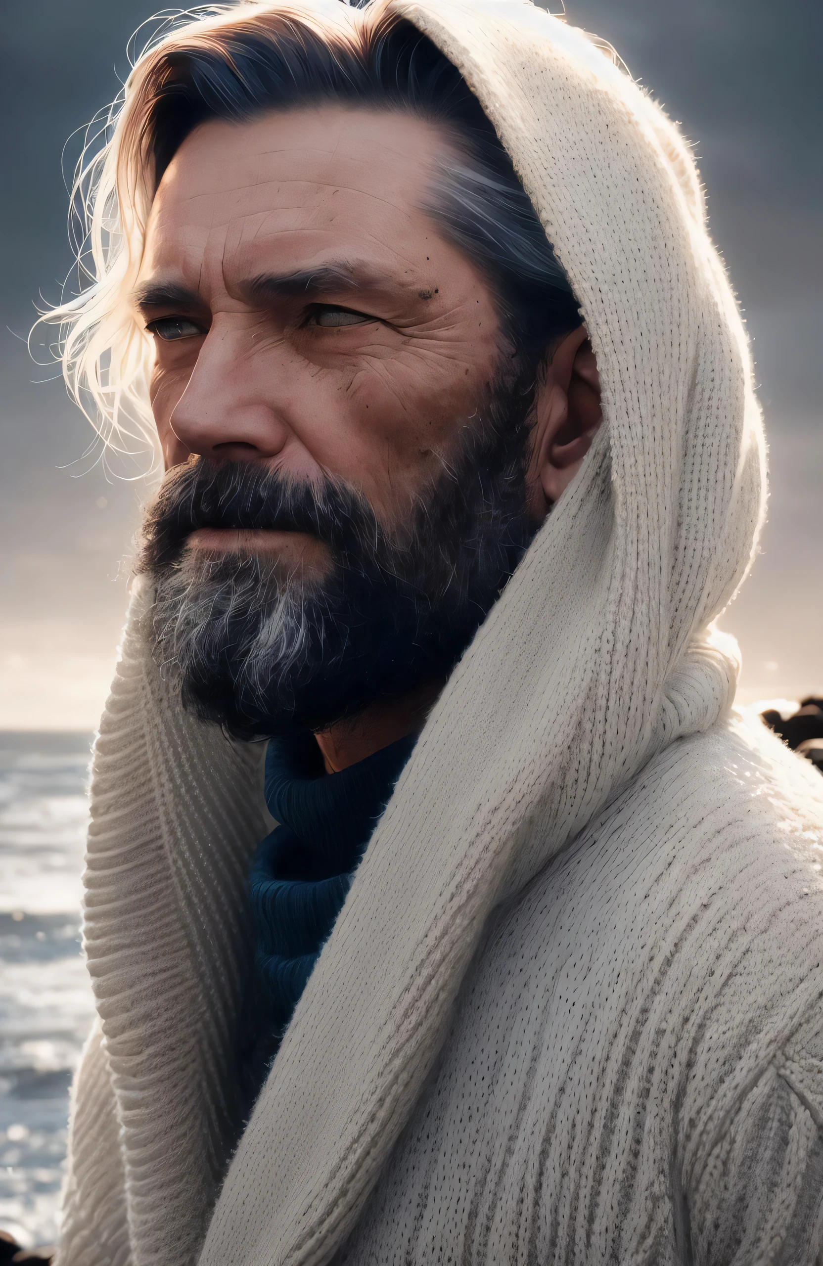 face portrait of an rugged (old fisherman:1.3), (face focus:1.5), (storm:1.2), (waves:1.3), ocean, (lighthouse background:1.3), (cowboy shot:1.4), (white turtleneck knitted sweater:1.3), looking at viewer, realistic, masterpiece, highest quality, backlighting, (lens flare:1.1), (bloom:1.1), (chromatic aberration:1.1), by Jeremy Lipking, by Antonio J. Manzanedo, digital painting