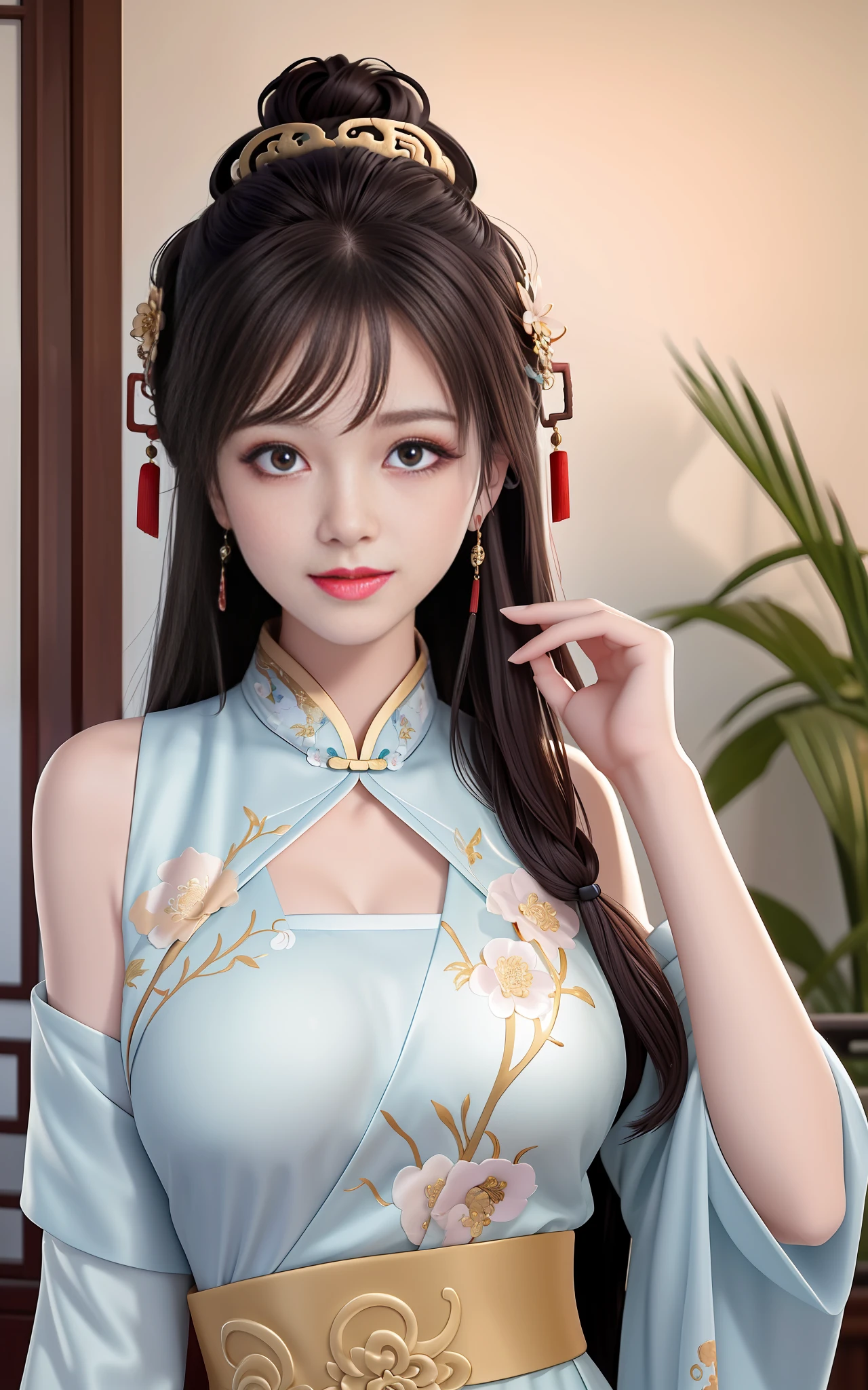 need,masterpaintings,high resolucion,1girl huge large breasts,Blushlush,(Seductive smile:0.8),starpupil,Chinese shoulder suction red Hanfu,hair adornments,necklac,trinkets,beautiflyface,On_Body,Tindal effect,Lifelike,Shadow room,Light edges,Two-tone lighting，（highdetailedskin：1.2），8K  UHD，Slr，softlighting，hightquality，Volumetriclighting，Candid camera，The photograph，high resolucion，4K，8K，Antique bust photo in the background: A girl about 22 years old，Perfectcomposition，Precise and perfect human anatomy，Golden ratio creation，Surreal and realistic。Detailed skin details，fair white skin，with shiny skin，Creamy glowing skin，Skin that is white and red。Exquisite depiction of facial features，Perfect makeup，Detailed depiction of the face，Clean and flawless face。A sweet smile，Smile without showing your teeth。Extremely detailed depiction of hair，Long black hair，Hair coiled，tying hair，High bun，The wind blew away the hair。Eyebrows upturned，long eyelash，双眼皮。Affectionate eyes，Big bright eyes，Sweet with lying silkworms。High nose bridge。Thin lips，Pink lip gloss，Straight teeth。Delicate collarbones。Delicate pendant，Ear ring。Perfect tall figure，Get it all together，Long legs and thin waist，Skinny beauty，Can't be too thin。Straight chest，medium boob。Keep your head up and your chest up，Look ahead，Face the lens，Stand。Ancient architectural background(((Chinese style new Chinese ink floral dress)))，half body photo，Girl Huge breasts，mid hair，Hair over the shoulder，Clear eyes，Smooth hair，Exquisite and perfect facial features，the most beautiful big eyes，Long eyelashes，The eyes are sweet and there are lying silkworms，dynamic angle，Extreme image quality，Highest accuracy，Precise and perfect human body，masterece-piece，HighestQuali，mid hair，Hair over the shoulder，Tattooed，black har，twin bun hair，cleavage dress，Ear ring，hair adornments，jewelries，korean clothes，makeups，The photograph（curly），to stand，Oppe，Facing the viewer，Hyper res，ultra high def，optimal quality，Bend long eyelashes，Shiny lips，busts，Close