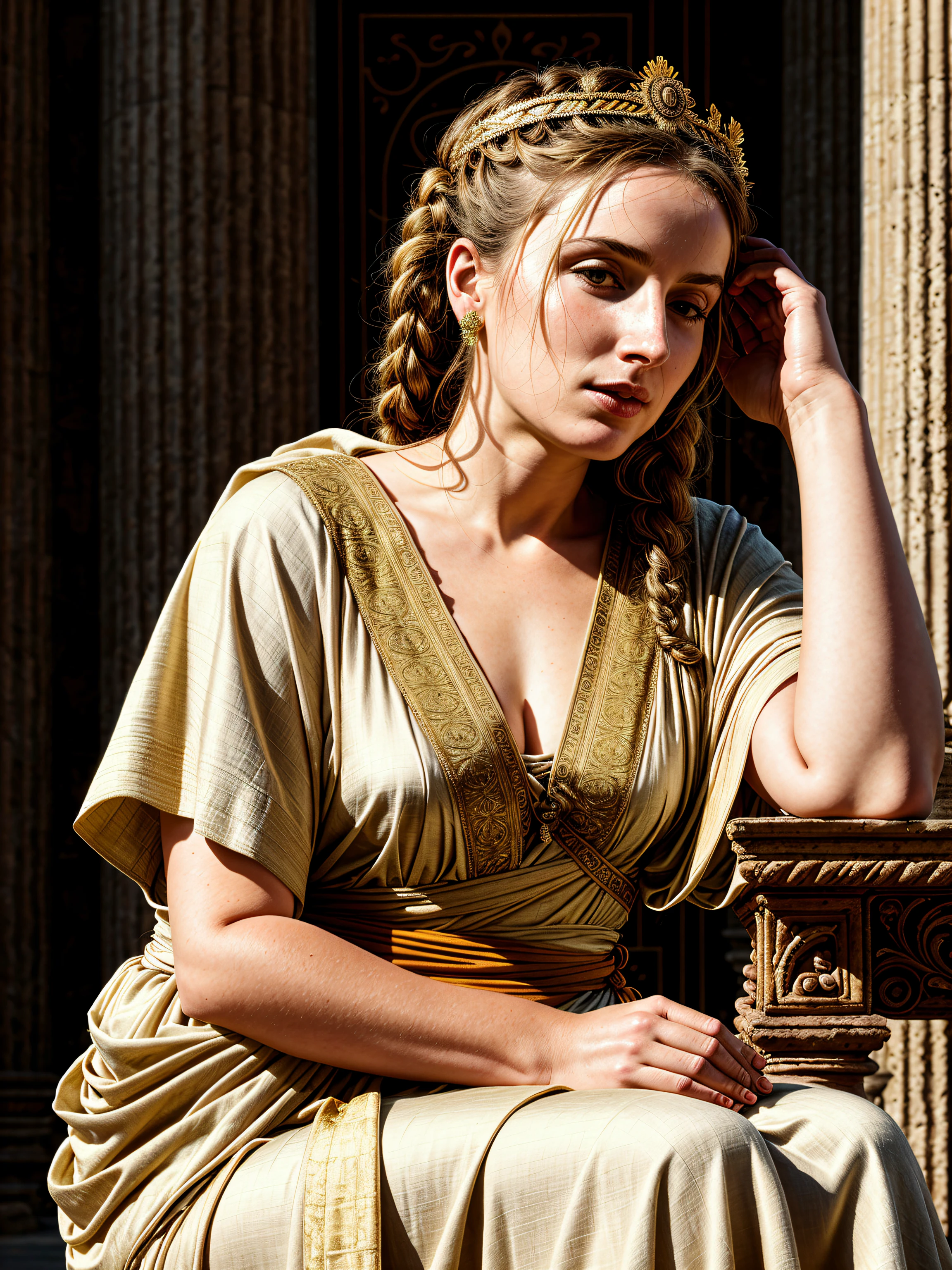 photorealistic, highest quality, RAW photo, cinematic composition, side view medium shot of a beautiful woman from ancient Roman empire sitting, (head tilted down, looking down:1.4), (faint smile, pensive look), (wearing a (long loose-fitting cloth:1.2) tunic in classical style, rich ancient style body accessories, fabulous diadem), skin texture, [skin wrinkles, skin spots], wrinkles in clothing, indoor, (ancient Roman empire hairstyle|clothes|furniture|background), (highly detailed background:1.4), (abundant details, intricate details:1.2), highly detailed clothes, volumetric lighting, sharp focus, 8k, highly detailed, UHD, HDR,  Asian-Less,