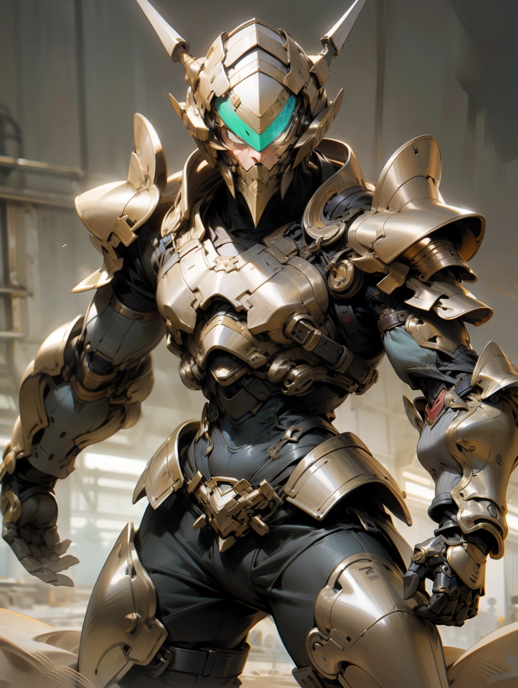 a man with metallic armor in the middle of a desert, in the style of photorealistic detailing, dynamic anime, kimoicore, elite, light gold and bronze, bugcore, precise and sharp