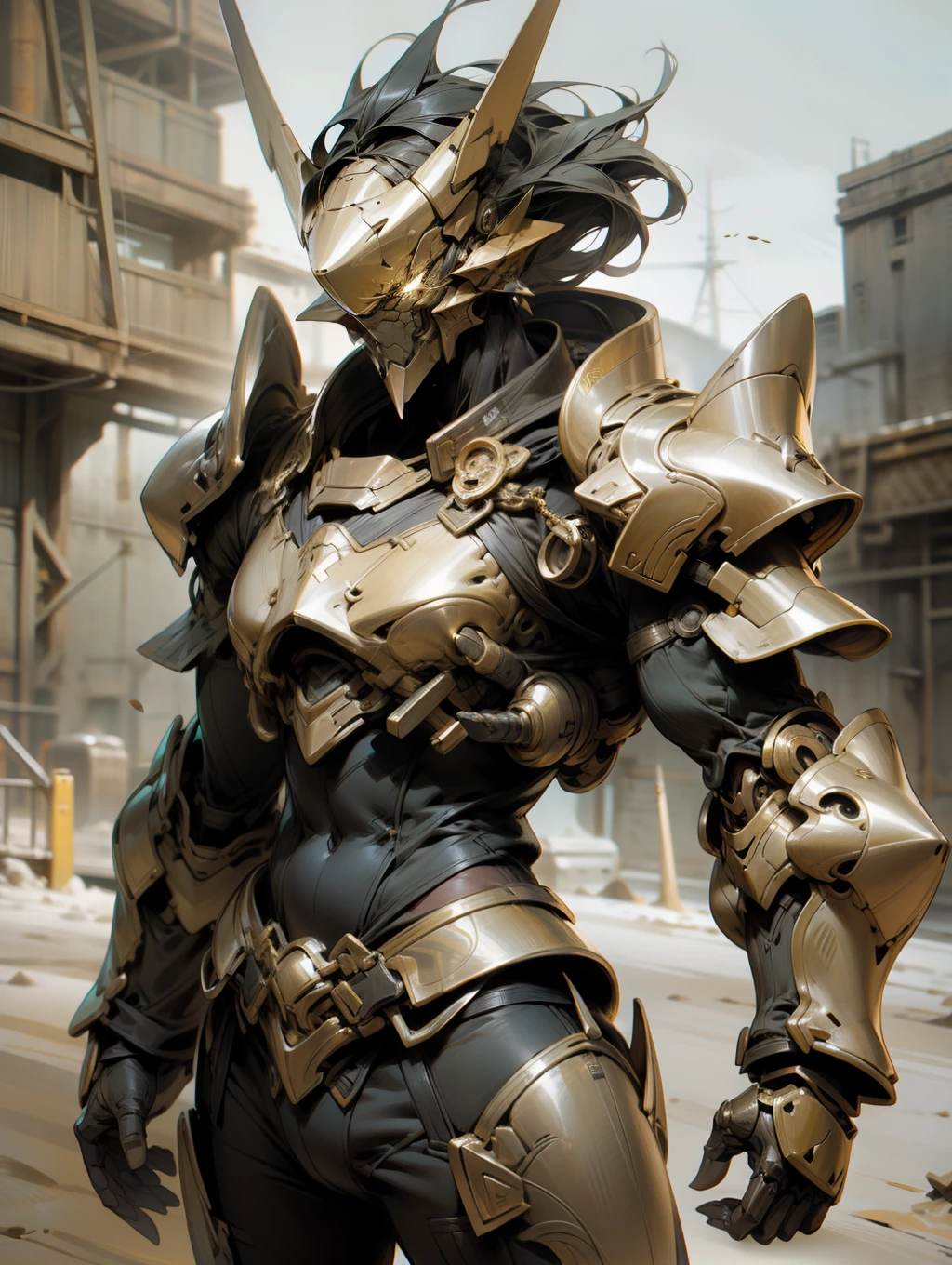 a man with metallic armor in the middle of a desert, in the style of photorealistic detailing, dynamic anime, kimoicore, elite, light gold and bronze, bugcore, precise and sharp
