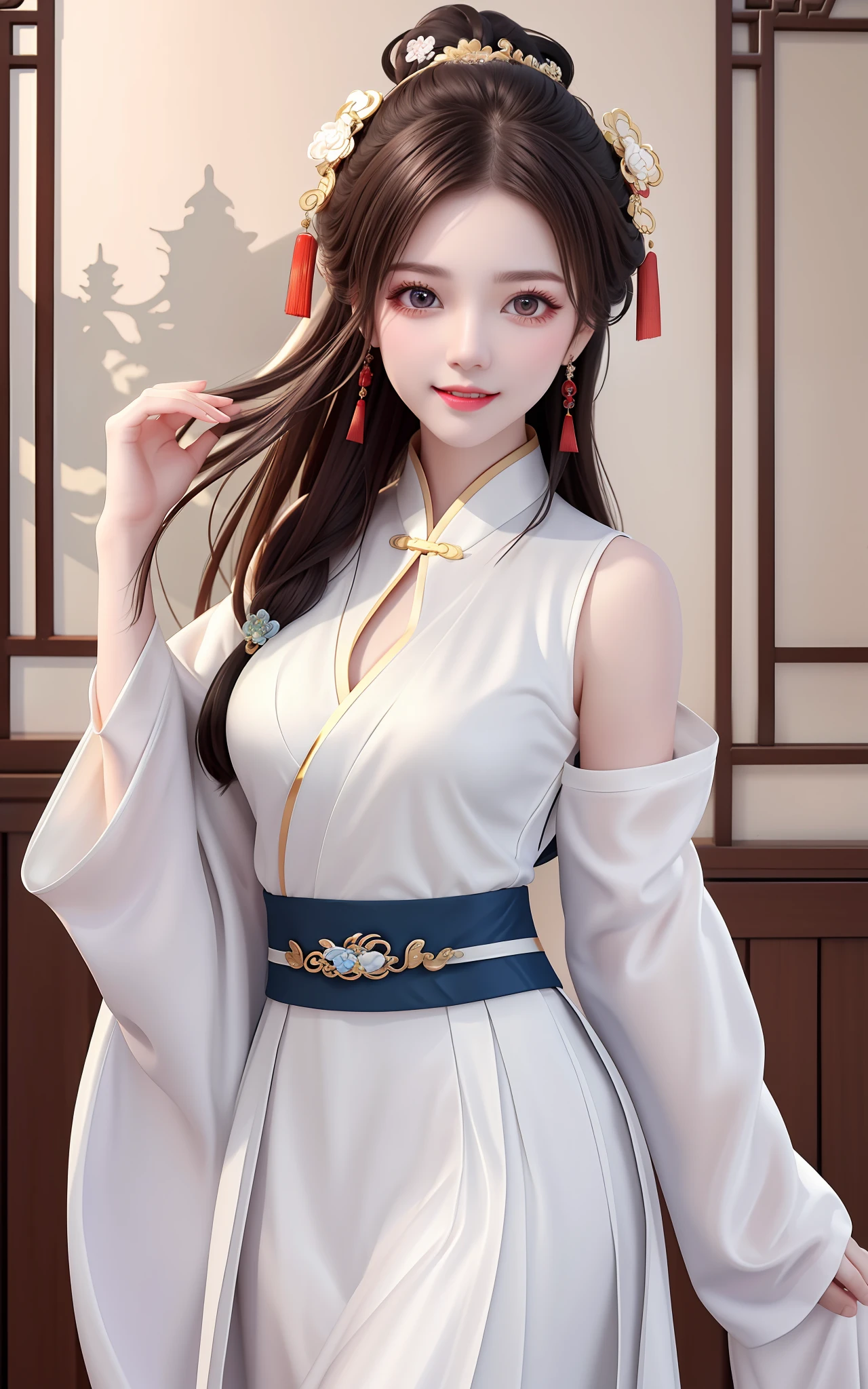 need,masterpaintings,high resolucion,1girl huge large breasts,Blushlush,(Seductive smile:0.8),starpupil,Chinese leaky shoulder black Hanfu,hair adornments,necklac,Jewelry,beautiflyface,On_Body,Tindal effect,realisticlying,Shadow room,Light edges,Two-tone lighting，（highdetailedskin：1.2），8K  UHD，Slr，softlighting，hightquality，Volumetriclighting，Candid camera，The photograph，high resolucion，4K，8K，Background bokeh(Seductive smile:0.8),starpupil,Chinese shoulder suction red Hanfu,hair adornments,necklac,trinkets,beautiflyface,On_Body,Tindal effect,extremely lifelike,Shadow room,Light edges,Two-tone lighting，（highdetailedskin：1.2），8K  UHD，Slr，softlighting，hightquality，Volumetriclighting，Candid camera，The photograph，high resolucion，4K，8K，Antique bust photo in the background: A girl about 22 years old，Perfectcomposition，Precise and perfect human anatomy，Golden ratio creation，Surreal and realistic。Detailed skin details，fair white skin，with shiny skin，Creamy glowing skin，Skin that is white and red。Exquisite depiction of facial features，Perfect makeup，Detailed depiction of the face，Clean and flawless face。A sweet smile，Smile without showing your teeth。Extremely detailed depiction of hair，Long black hair，Hair coiled，tying hair，High bun，The wind blew away the hair。Eyebrows upturned，long eyelash，双眼皮。Affectionate eyes，Big bright eyes，Sweet with lying silkworms。High nose bridge。Thin lips，Pink lip gloss，Straight teeth。Delicate collarbones。Delicate pendant，耳环。Perfect tall figure，Get it all together，Long legs and thin waist，Skinny beauty，Can't be too thin。Straight chest，medium boob。Keep your head up and your chest up，Look ahead，Face the lens，Stand。Ancient architectural background(((Chinese style new Chinese white dress)))，half body photo