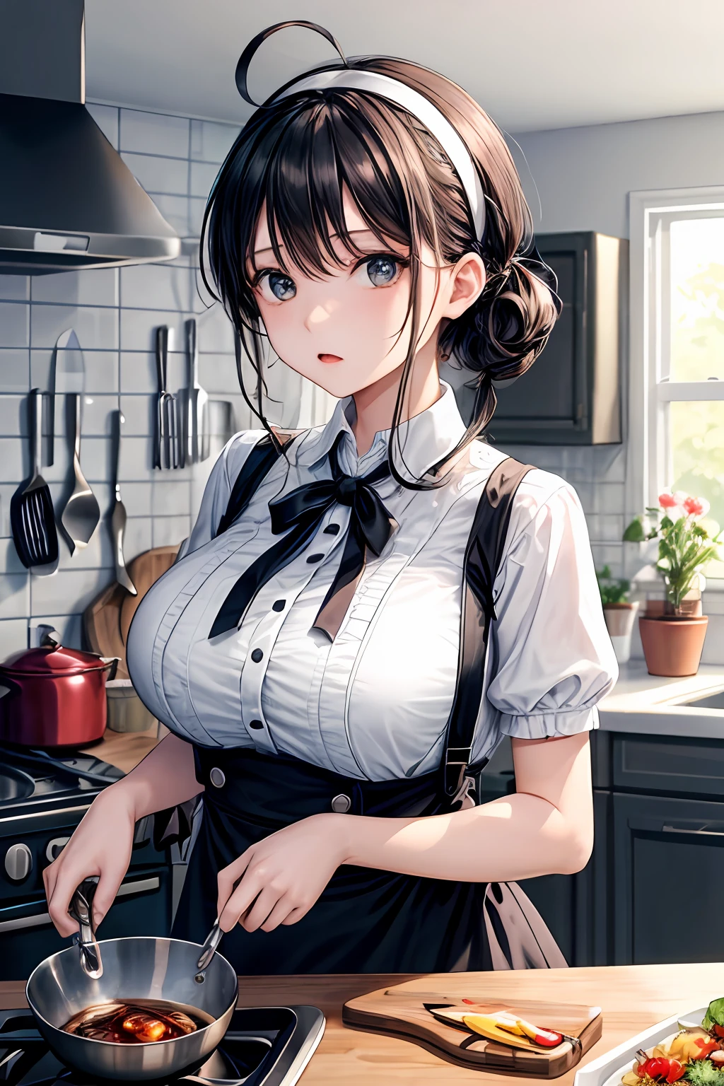 masterpiece, best quality, 1girl (large breasts:1.5, busty:1.2), black hair, ahoge,hairband, suspender skirt, looking at viewer, indoors, kitchen, pots, pans, knives, cutlery, panic, messy kitchen, fire, kitchen background
