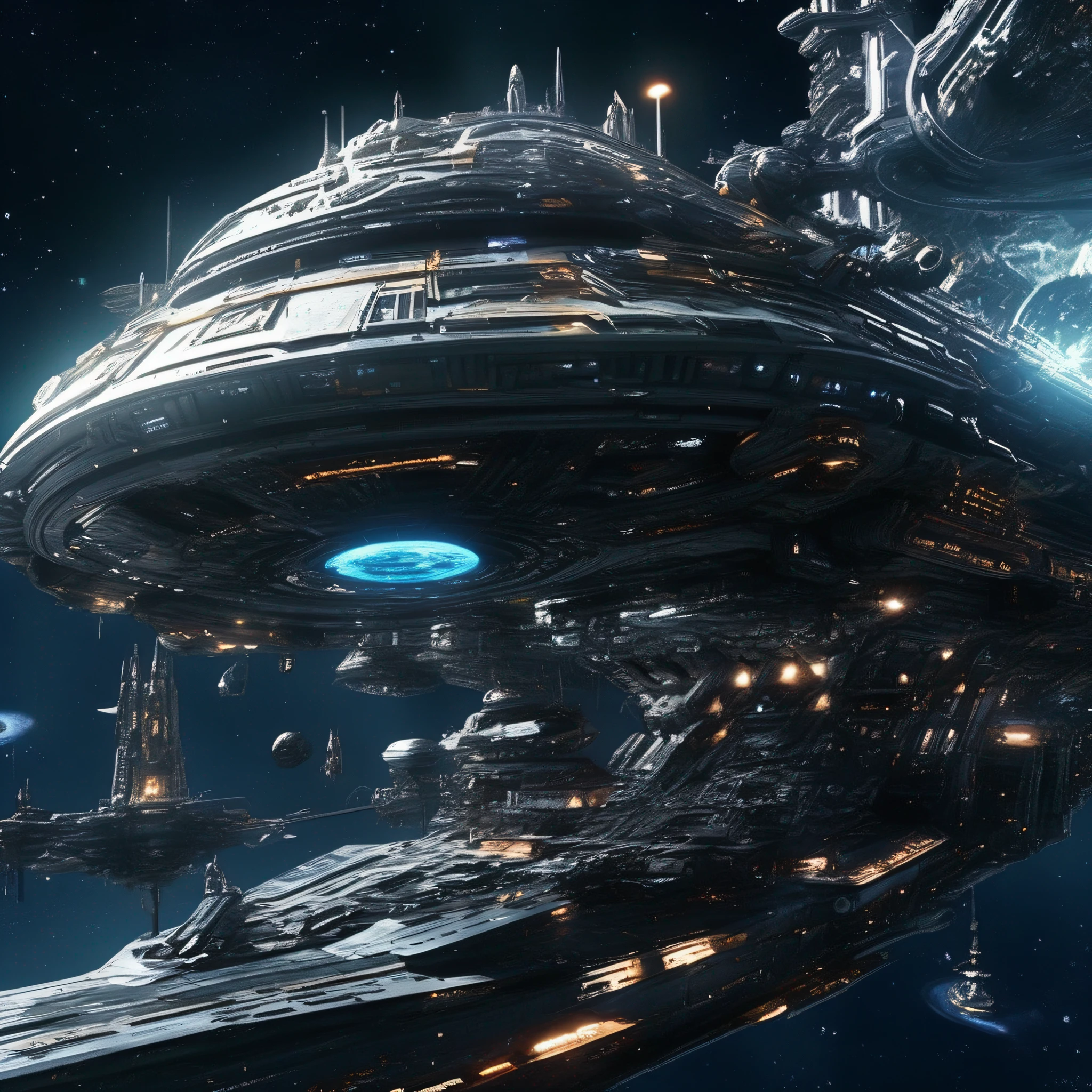 Space battleship、sci-fi movie、A futuristic world、Science fiction universe space、Bank Starfield、Saturn ring、Tech shines、Light energy magnetic levitation、Quantum collision、Time travel、ultra high def、hyper-detailing,Deep view、Lagrange
