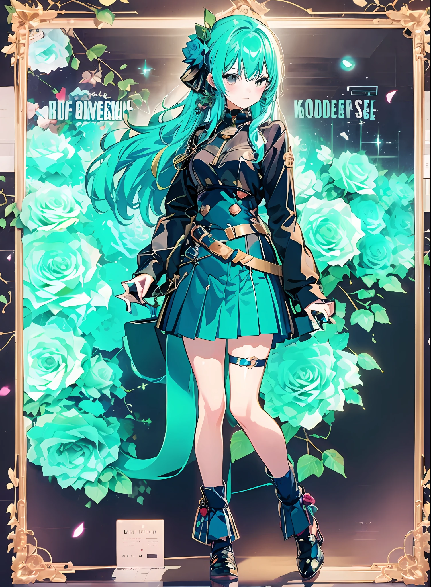 Konmutsuki_gacha_series1, punk_rosette, cute girl, aqua color flowers, full body, elegant flowers background