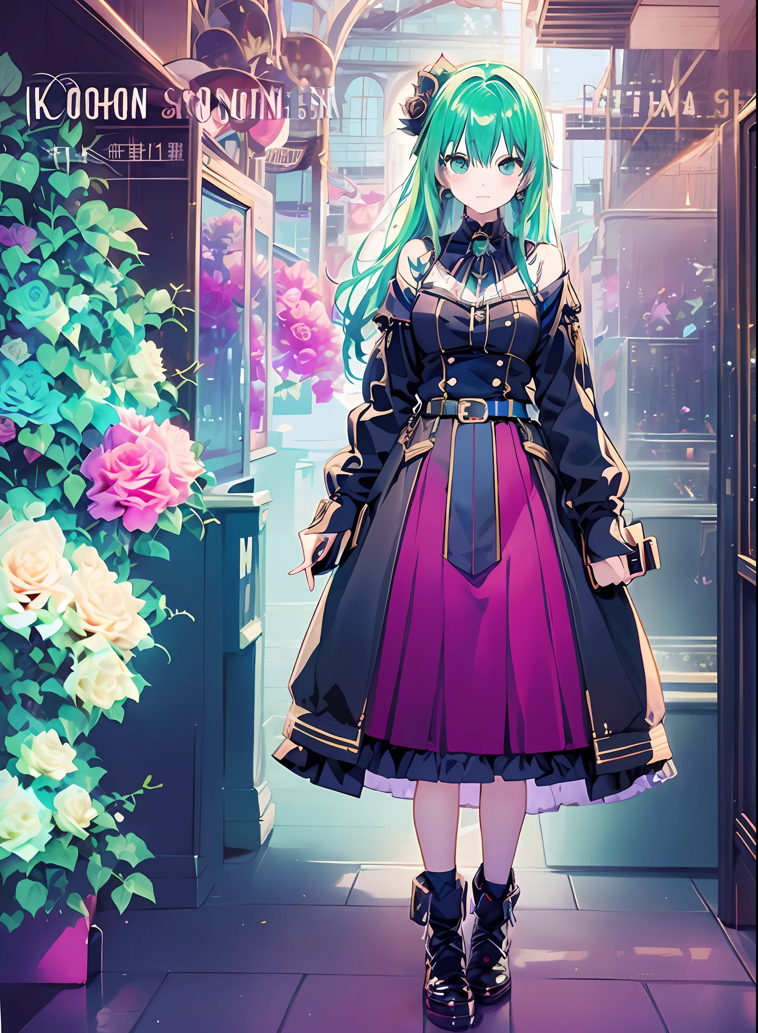 Konmutsuki_gacha_series1, punk_rosette, cute girl, aqua color flowers, full body, elegant flowers background