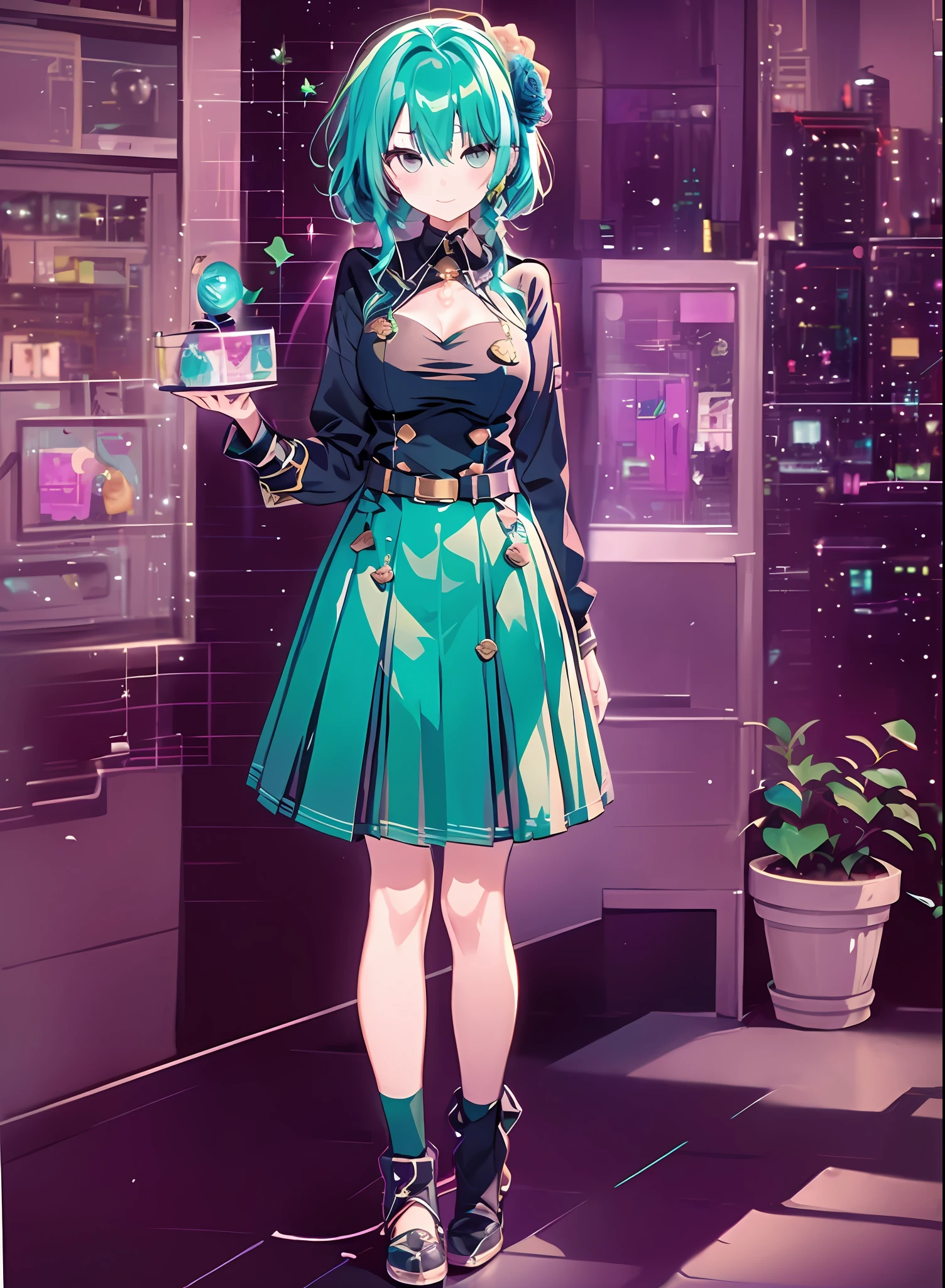 Konmutsuki_gacha_series1, punk_rosette, cute girl, aqua color flowers, full body, elegant flowers background