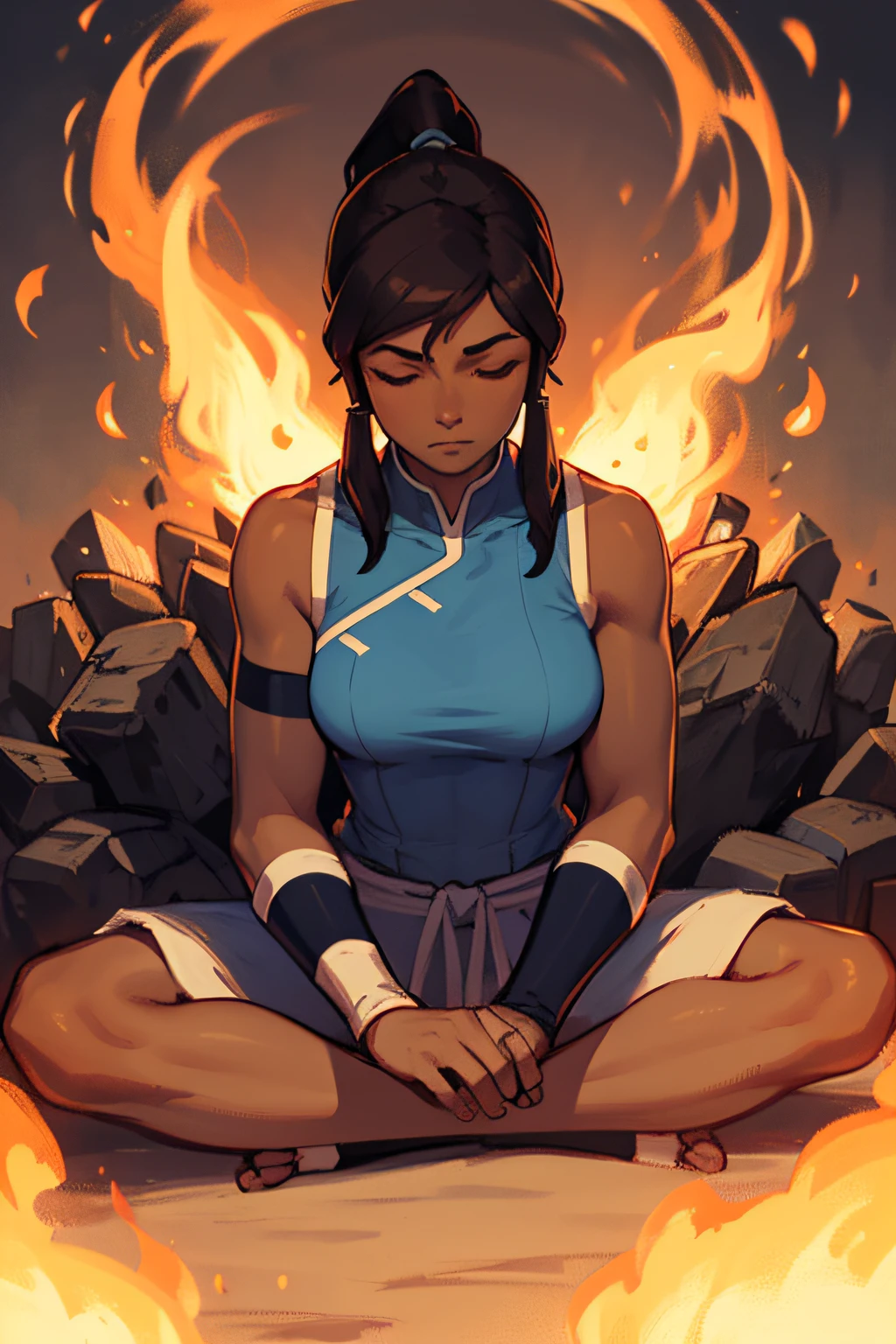 masterpiece, best quality, 1girl, korra, casting circe of fire arround her, solo, dark skin, blue eyes, brown hair, dark-skinned female, fire, hair tubes, dark, ponytail, long hair, topknot, breasts, bare shoulders, serious, closed eyes, meditating, sitting, avatar meditation,