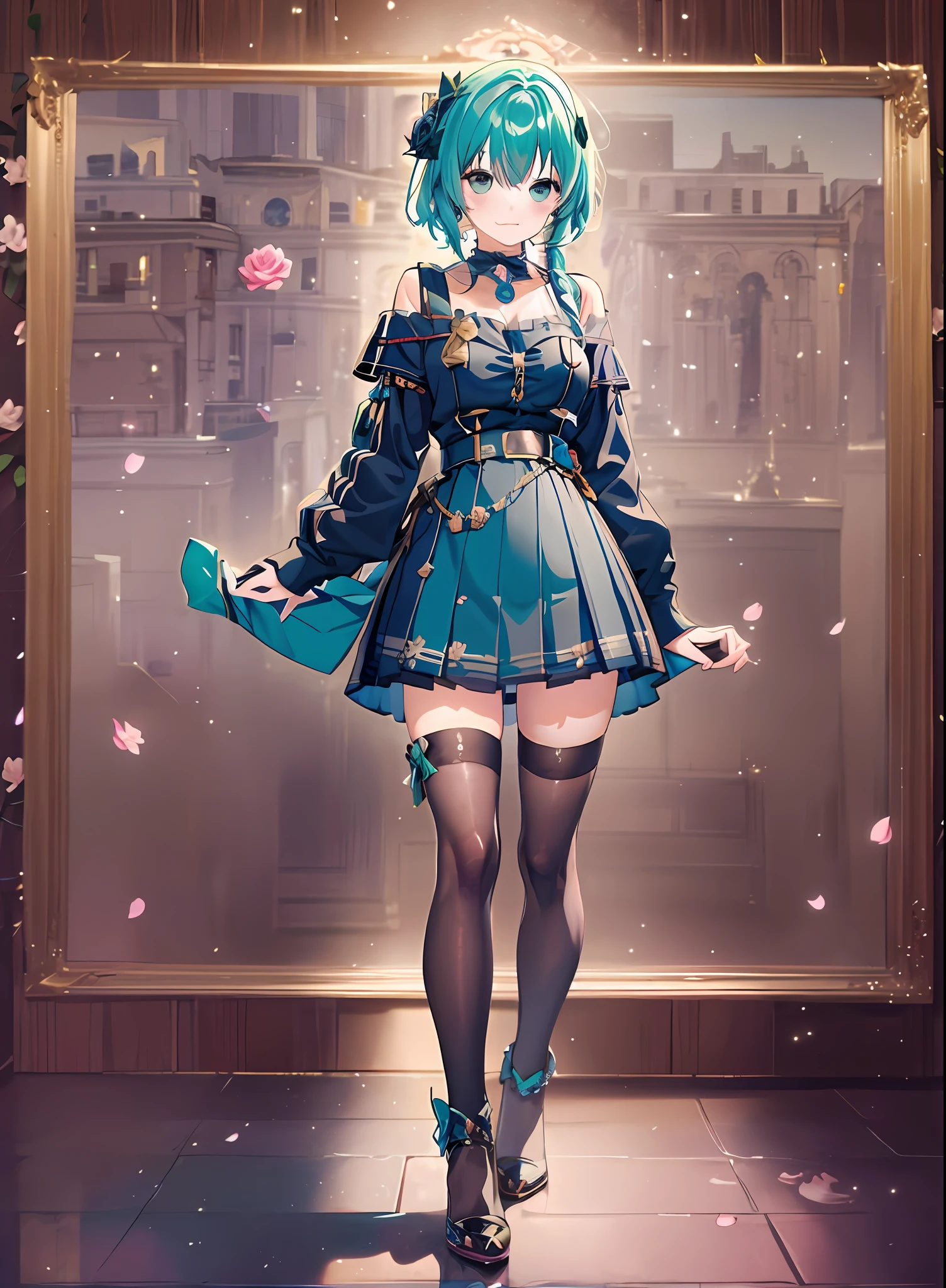 Konmutsuki_gacha_series1, punk_rosette, cute girl, aqua color flowers, full body, elegant flowers background