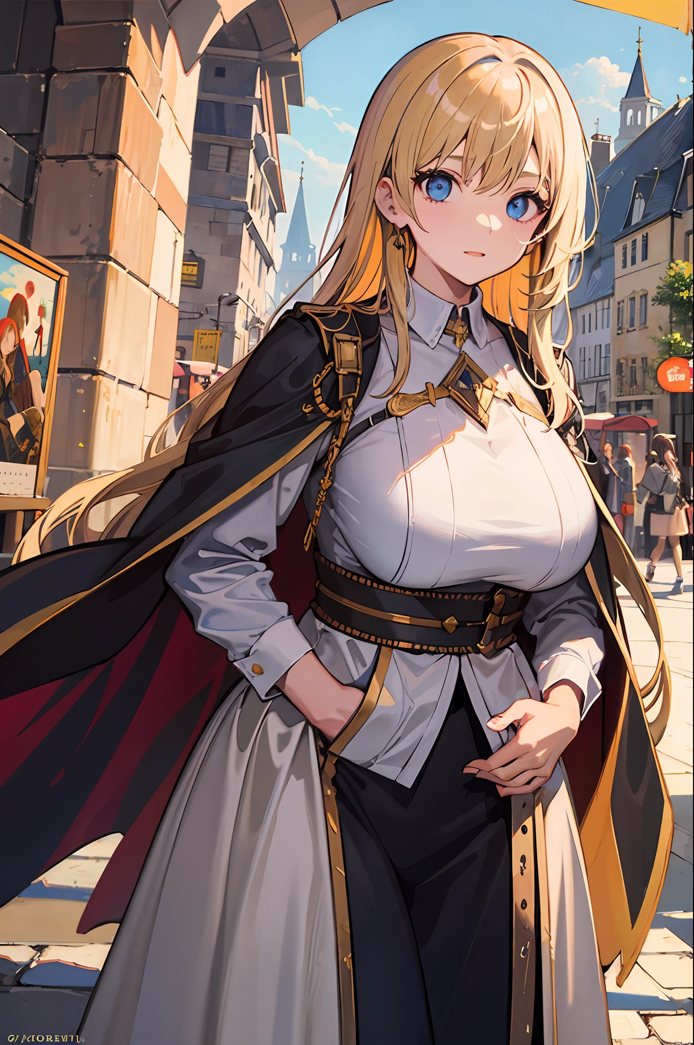 masterpaintings, beste-Quality, 1girl huge large breasts, blue eyess, goldenhair, medieval cities, looking at the spectator, Robe, hands in pocket