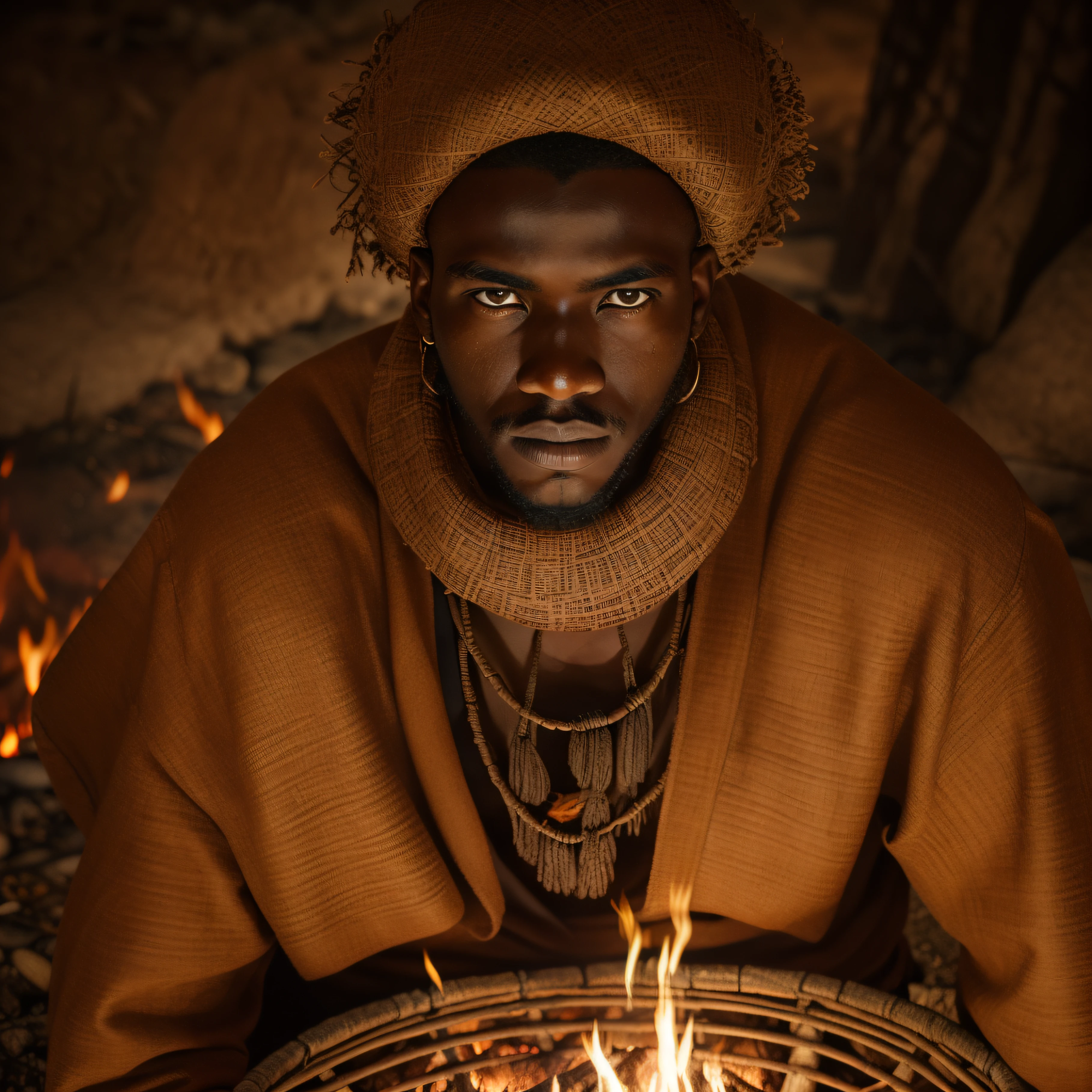 "Young man of African ethnicity, tense climate, dark night, incredible campfire, mysterious shadows, striking facial expression, traditional dress, structure of the highlighted objects, warm and dark tones, marked and detailed textures."