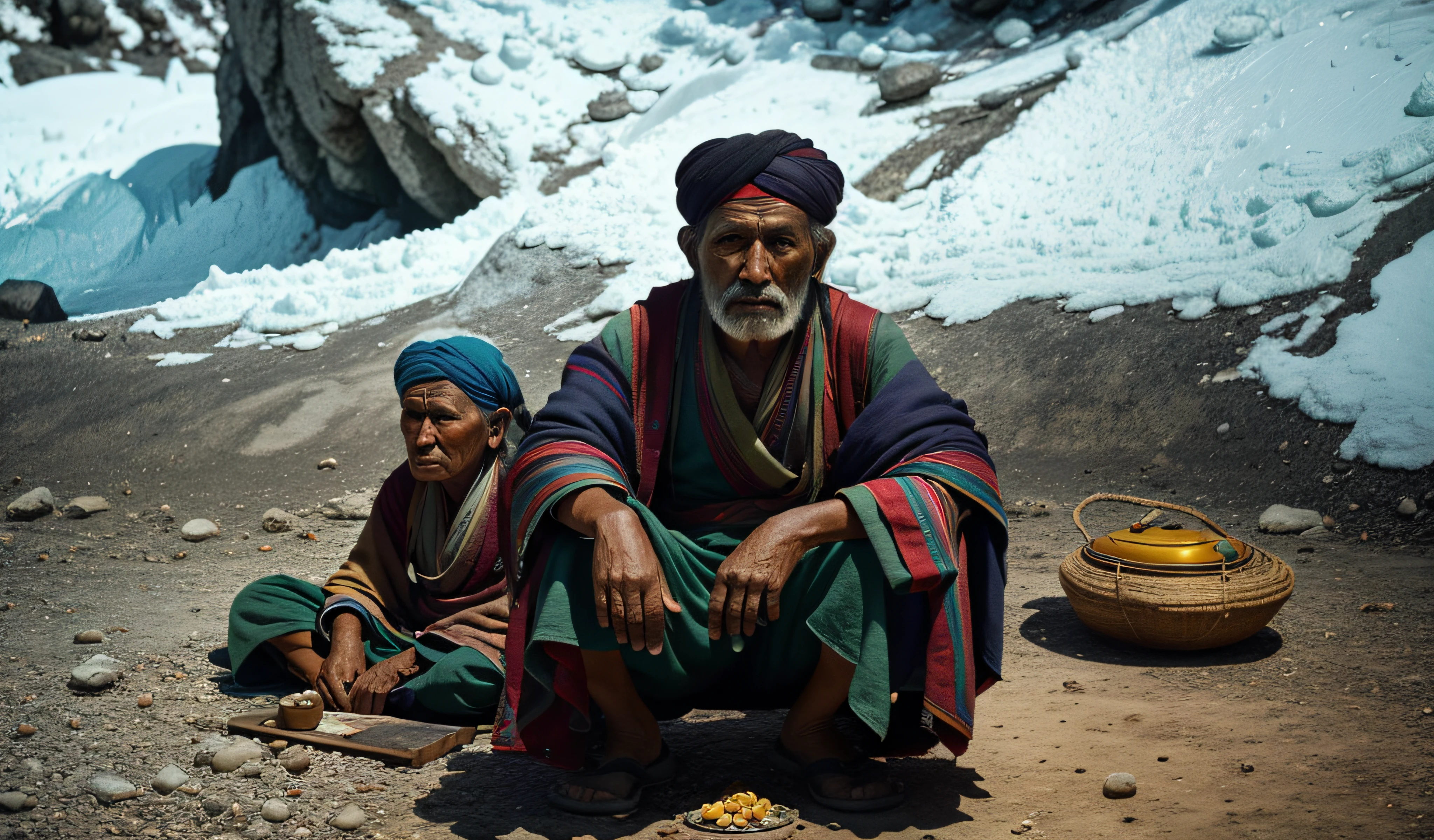 masterpiece, high quality, solo focus, Himalayan people, high angle, realistic beggars, whole body, night, kodak portra 400 camera f1.6 lens rich colors hyper realistic texture dramatic lighting unreal engine trend on artstation cinestill 800 --auto --s2
