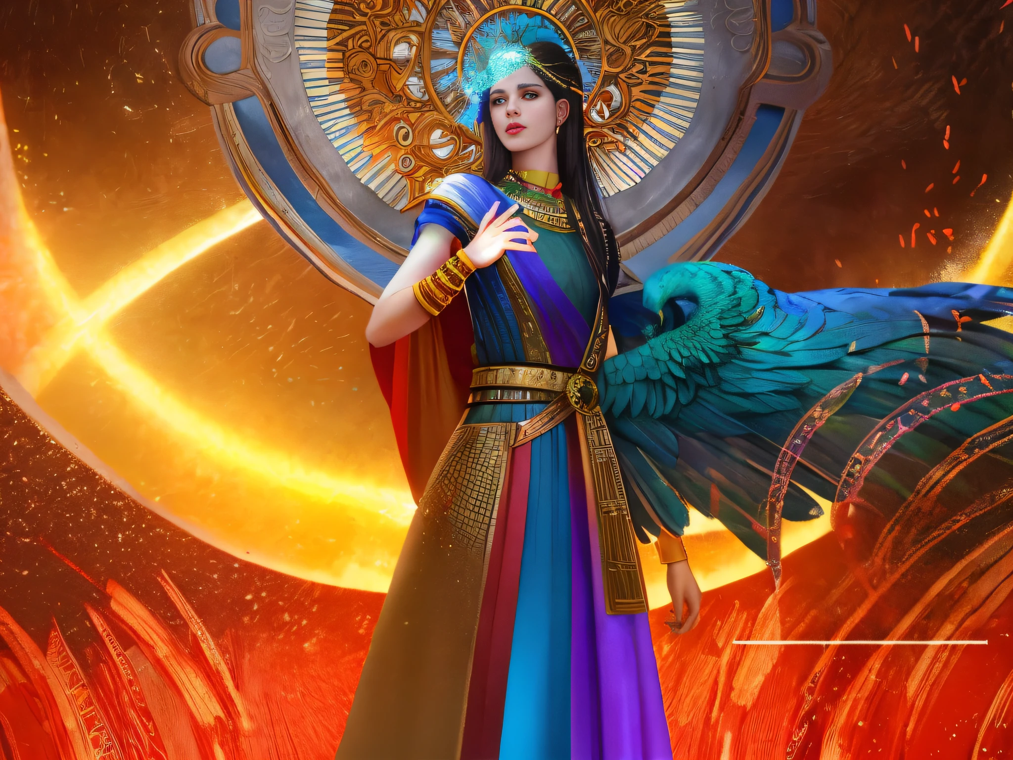 Isis the Goddess of Rainbow, Egyptian woman, peacock feathered wings, long flowing iridescent dress, standing on the edge of the River Nile, glowing yellow eyes, cinematic eye textures, hyper focus on facial details, individual hair strands, beauty filter, BREAK masterpiece illustration portrait, clear skies after the rain background, subsurface scattering, ray traced, depth of field, bokeh, vivid colors, cinematic hard lighting, realistic shadows,