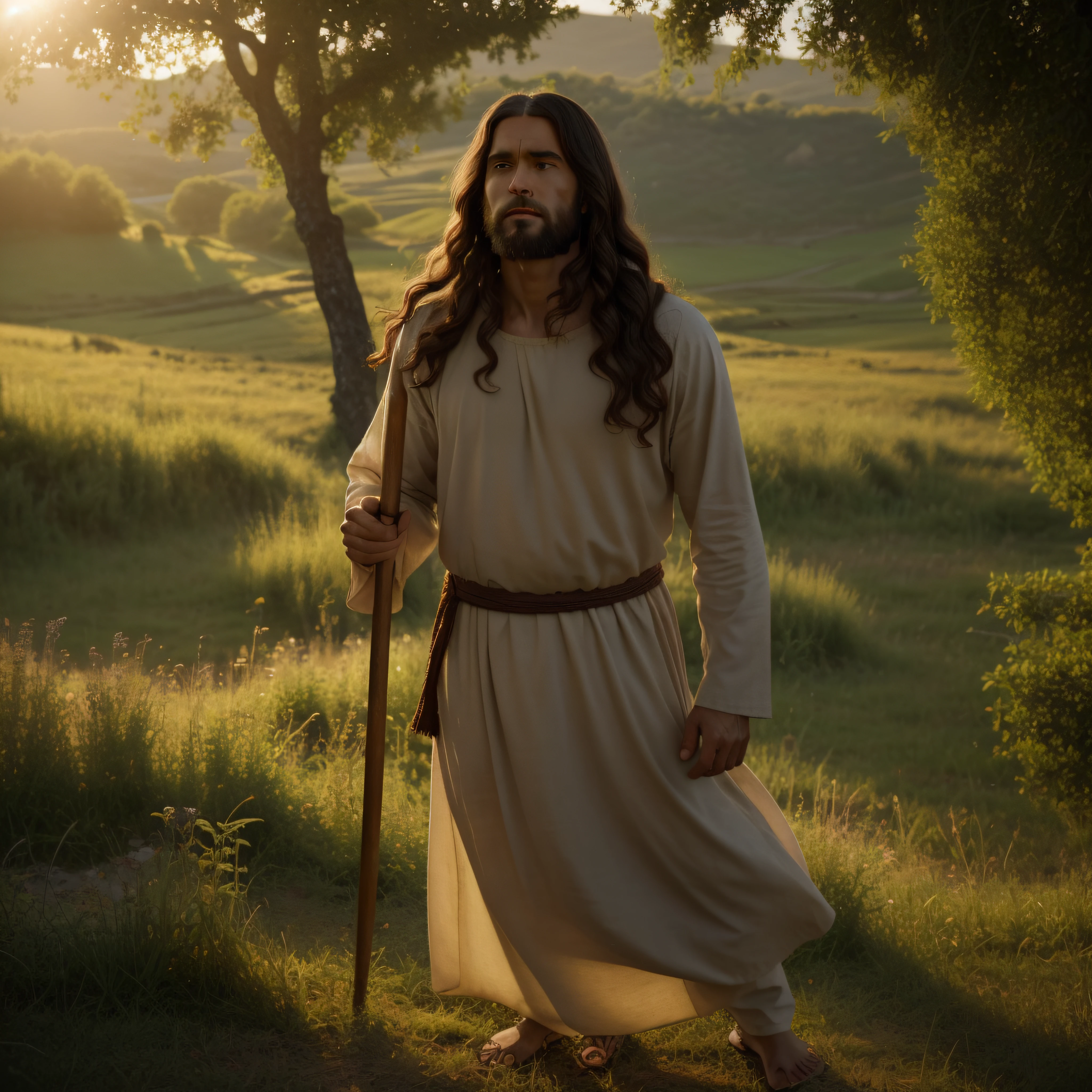 In the image, we see Jesus Christ portrayed in rich detail in a scene that harkens back to his time. He is dressed in a long, simple tunic, made of textured fabric and in earthy tones. His hair and beard are long and slightly wavy, demonstrating his masculinity and wisdom.

His eyes are deep and compassionate, reflecting a divine serenity. Jesus' gaze conveys unconditional love and compassion for all human beings.

In His hands, He holds a carved wooden staff, symbolizing His role as shepherd of the flock. Behind him, a verdant field stretches out, dotted with wildflowers and natural plants that represent God's creation.

Around Jesus, there are people from different backgrounds and social conditions. Some are hunched over, seeking comfort and guidance, while others are standing, looking at him with wonder and hope. Their facial expressions vary, showing the diversity of emotions that Jesus awakens in each one.

Sunlight shines softly over the scene, creating a serene and welcoming atmosphere. In the background, hills and hills can be seen, which evoke the landscape of the region in which Jesus lived.
