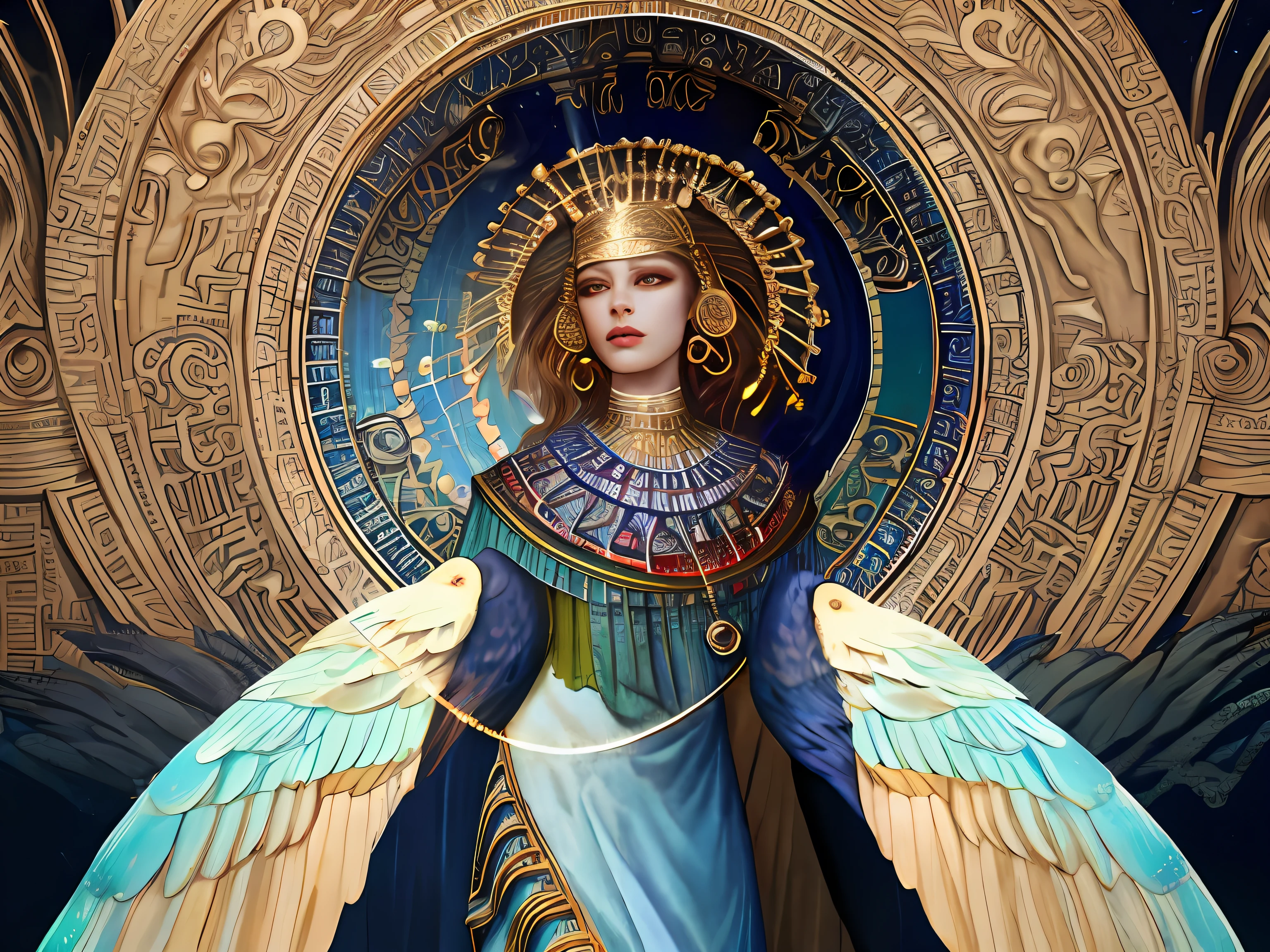 Isis the Goddess of Rainbow, Egyptian woman, peacock feathered wings, long flowing iridescent dress, standing on the edge of the River Nile, glowing yellow eyes, cinematic eye textures, hyper focus on facial details, individual hair strands, beauty filter, BREAK masterpiece illustration portrait, clear skies after the rain background, subsurface scattering, ray traced, depth of field, bokeh, vivid colors, cinematic hard lighting, realistic shadows,